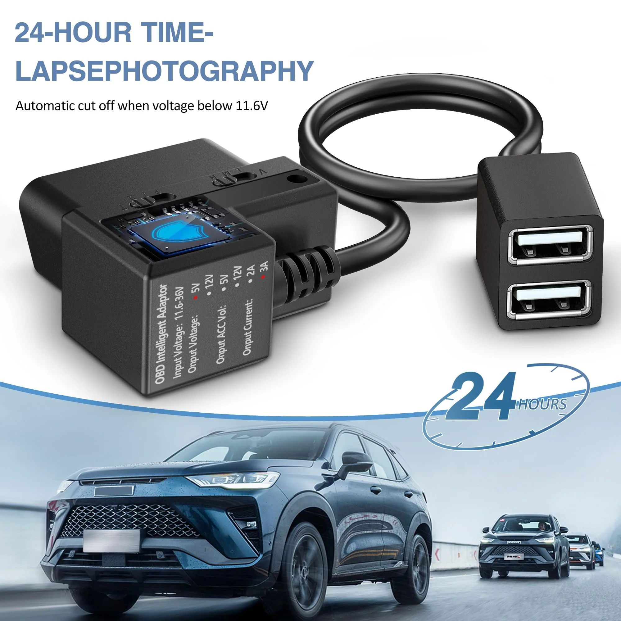 OBD Constant Power Cable for Dash Camera,Compatible with Garmin Dash Cam,OBDII Adapter Cable with Dual USB Interfaces,24 Hours Surveillance/Acc Mode with Low Voltage Protection 11.6-36V to 5V 3A OBD Constant Power Cable - Image 3