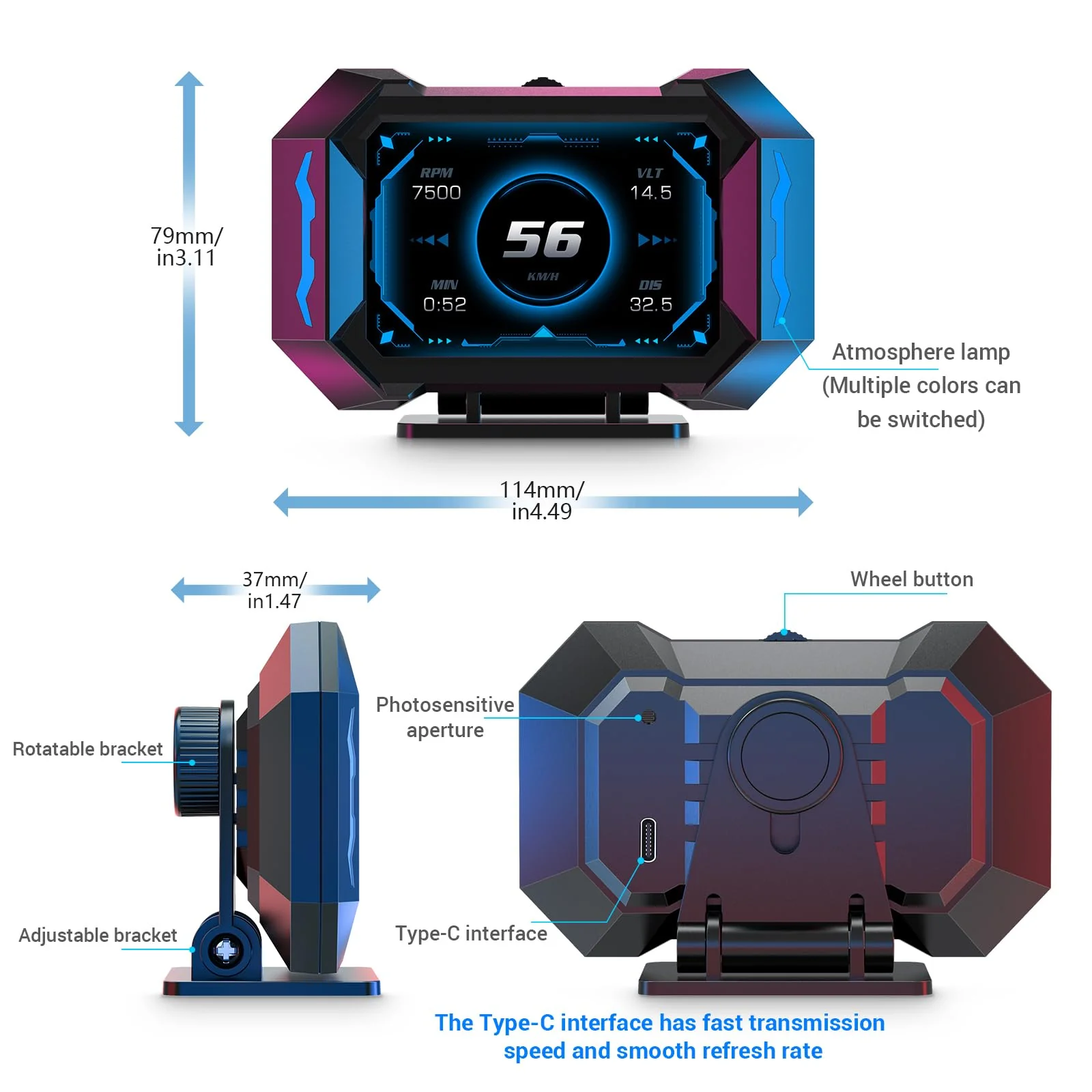 OBD2 Gauge Car HUD Head Up Display Multifunctional Digital Gauge,Car Speedometer GPS Tachometer Water Temperature Oil Temperature Volt Inclinometer Boost Gauge RPM Meter for Most Vehicles - Image 5