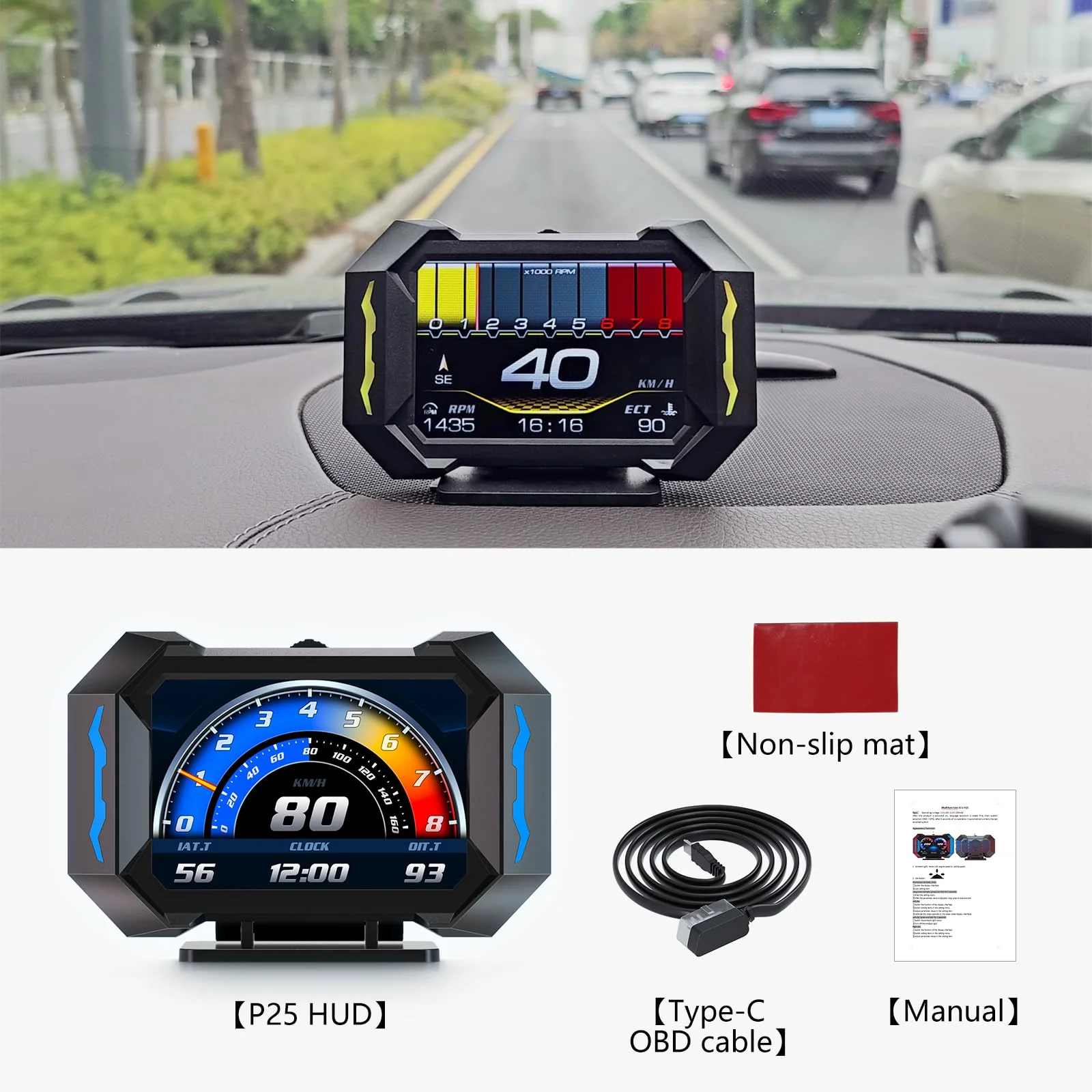OBD2 Gauge Car HUD Head Up Display Multifunctional Digital Gauge,Car Speedometer GPS Tachometer Water Temperature Oil Temperature Volt Inclinometer Boost Gauge RPM Meter for Most Vehicles - Image 6