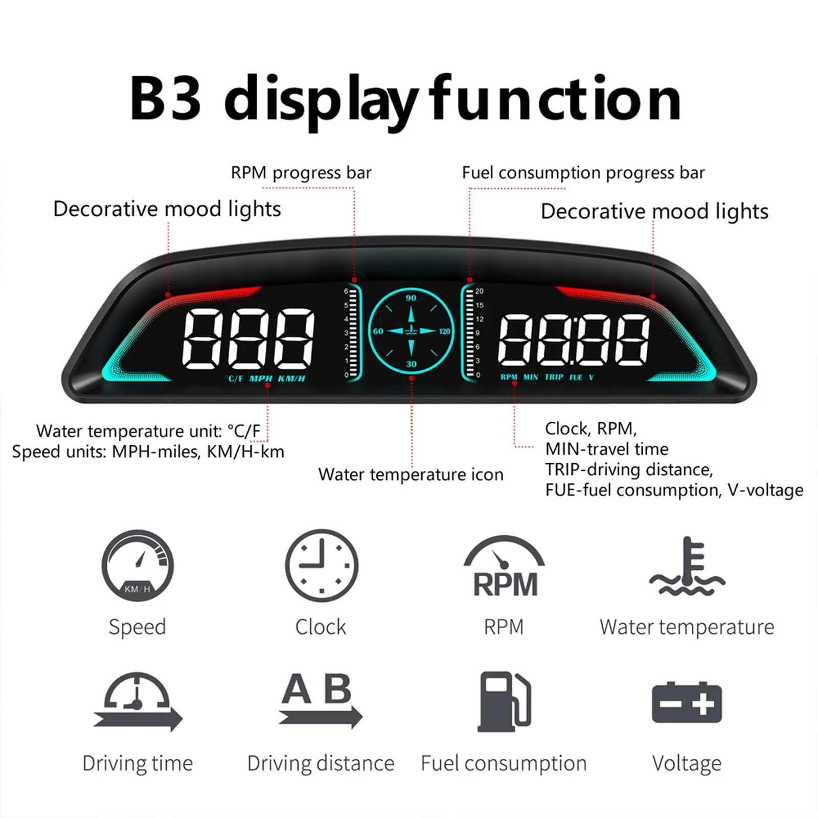 OBD2 Head Up Display for Car, OBD2 Head-Up Display for Cars HUD Digital Speedometer MPH Heads Up Display 5.5 inch with Time, Mileage, RPM, Voltage, Water Temp, Overspeed Alarm, Fatigued Driving Alert - Image 3