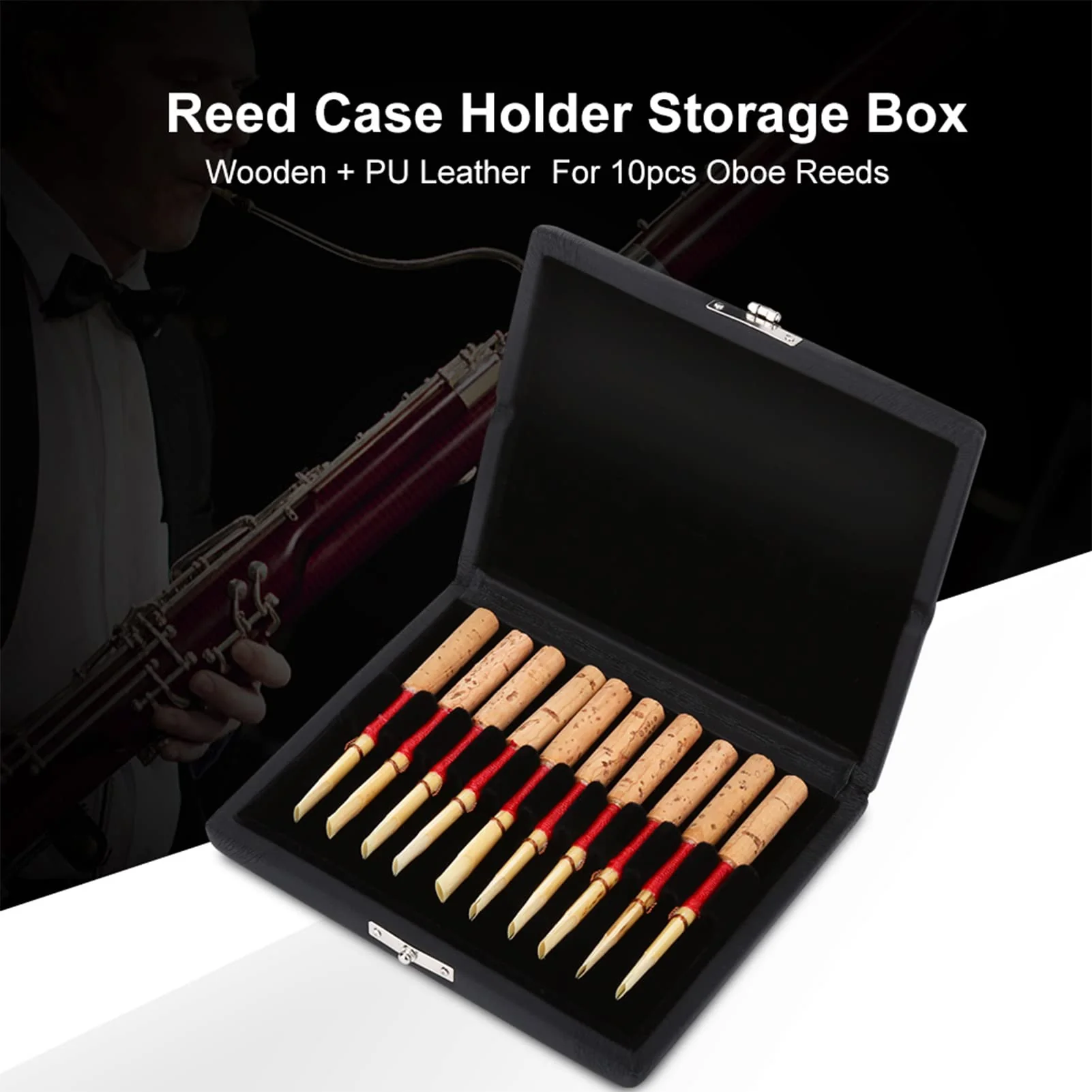 Oboe Reed Case, Black Wood + PU Leather Reed Case with Slot Design, 4.52x3.74x0.78inch Oboe Case for Storing and Protecting Oboe Reeds(Pack of 10) - Image 2
