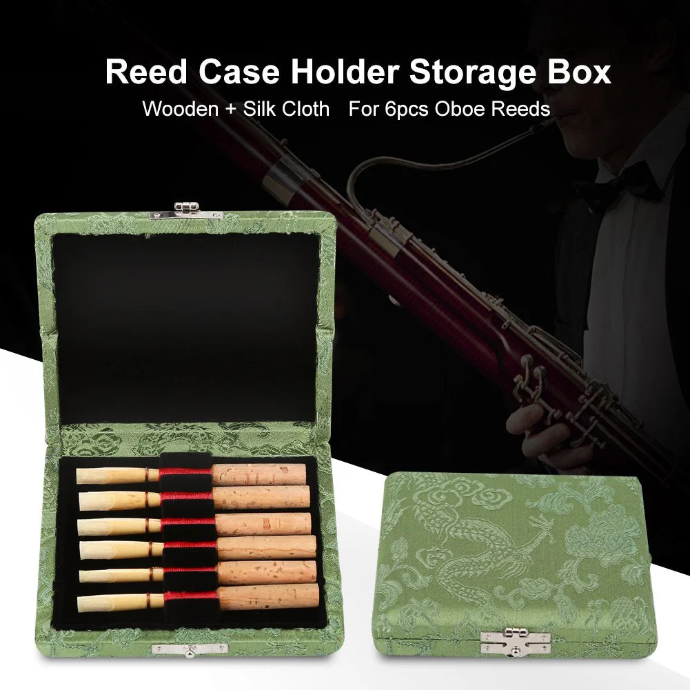 Oboe Reed Case,Protect Against Moisture Wooden + Silk Cloth Cover Reed Case Holder Storage Box for 6pcs Oboe Reeds Maple Wooden (Green) Green - Image 2