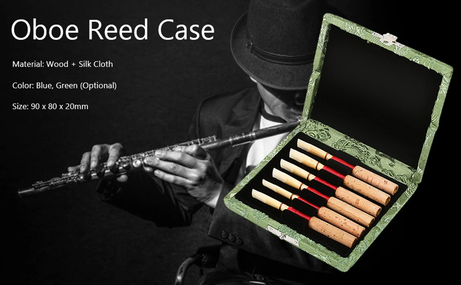 Oboe Reed Case,Protect Against Moisture Wooden + Silk Cloth Cover Reed Case Holder Storage Box for 6pcs Oboe Reeds Maple Wooden (Green) Green - Image 4
