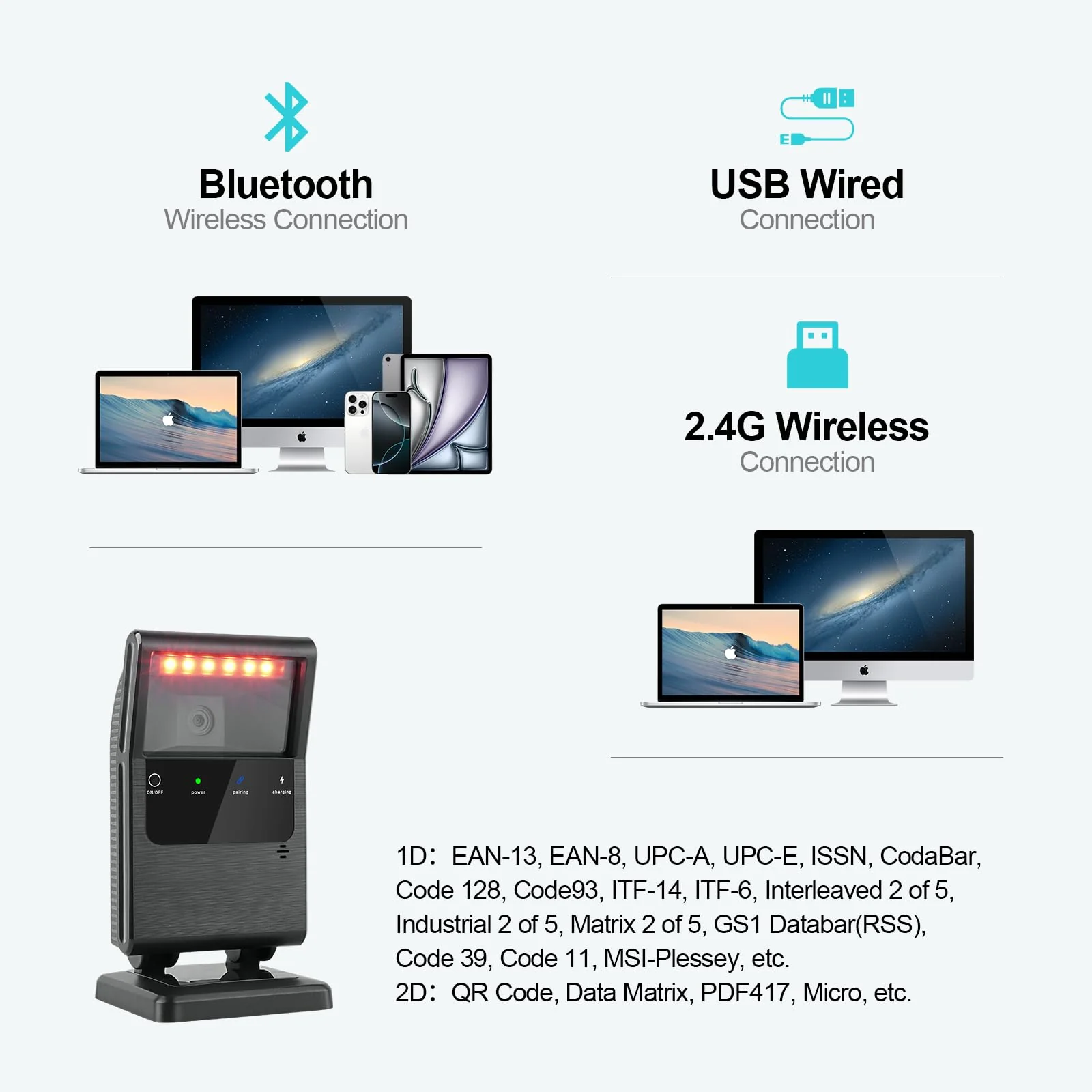 OBZ 2D QR Bluetooth Wireless Barcode Scanner Hands-Free Omnidirectional Desktop Barcode Scanner, Bluetooth 2.4G USB Wireless Barcode Reader for Supermarket, StorePOS,PC Rectangle - Image 2