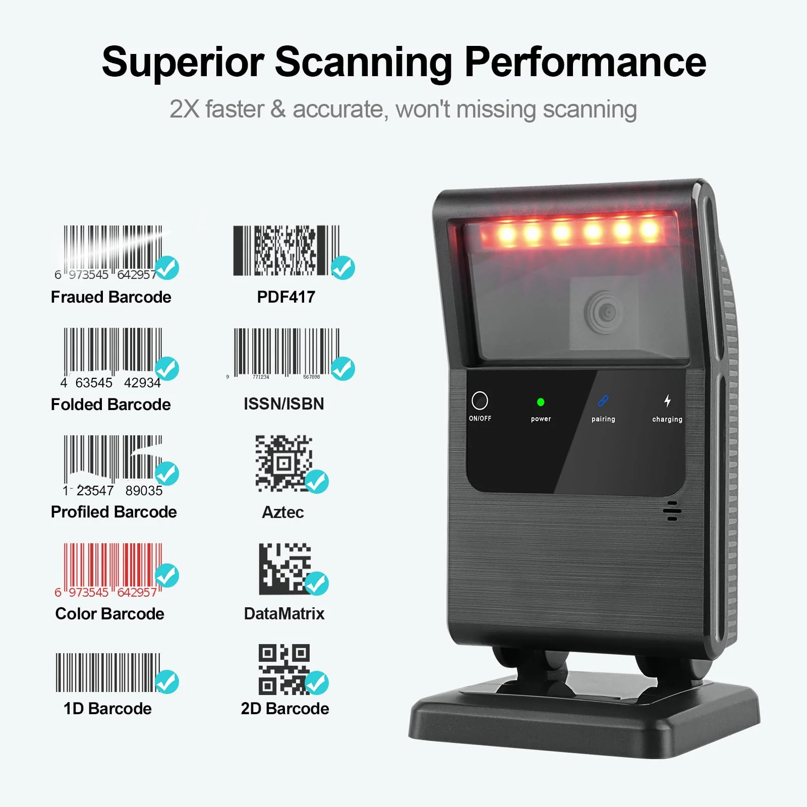 OBZ 2D QR Bluetooth Wireless Barcode Scanner Hands-Free Omnidirectional Desktop Barcode Scanner, Bluetooth 2.4G USB Wireless Barcode Reader for Supermarket, StorePOS,PC Rectangle - Image 3