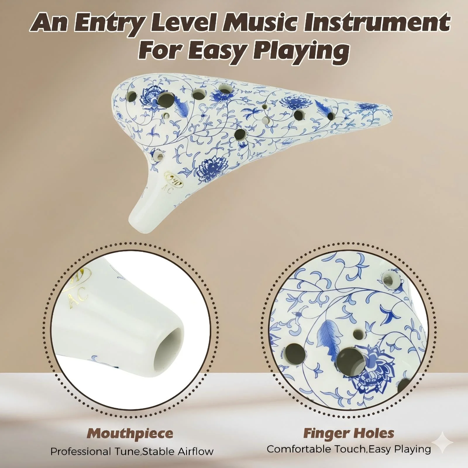 OcarinaWind 12 Hole Alto C Ceramic Ocarina – Blue & White Glaze | Handcrafted Collectible with Protective EVA Case Blue&White - Image 3