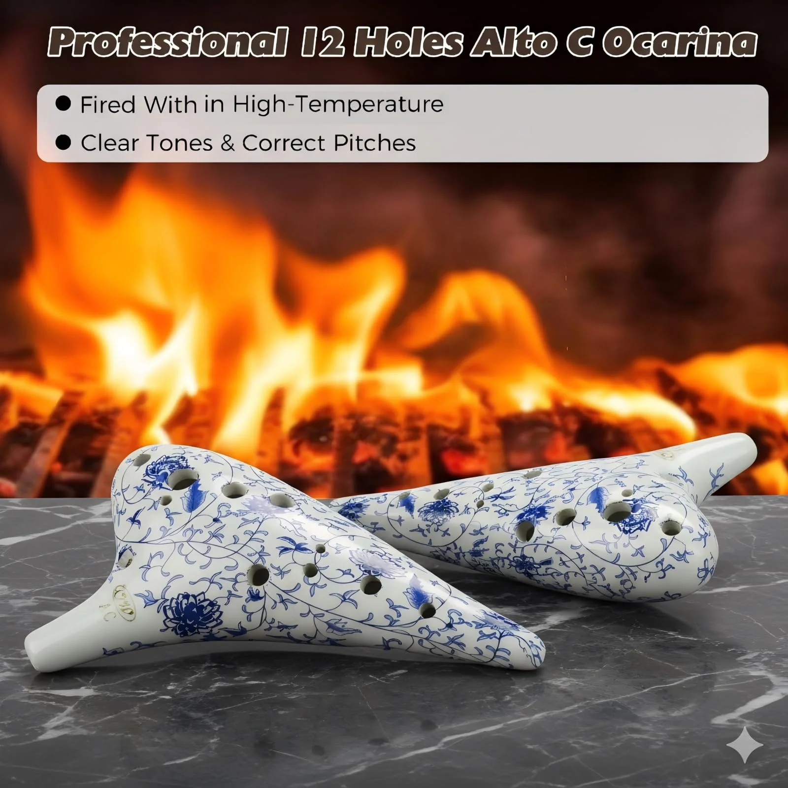 OcarinaWind 12 Hole Alto C Ceramic Ocarina – Blue & White Glaze | Handcrafted Collectible with Protective EVA Case Blue&White - Image 5