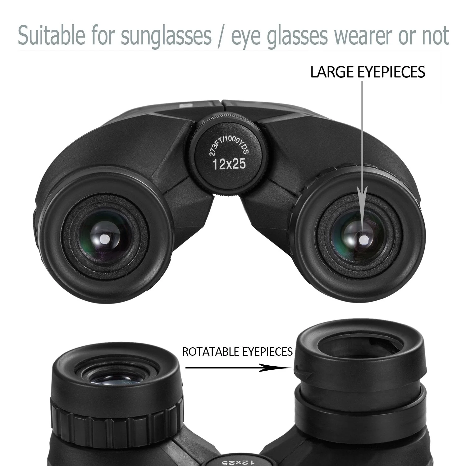 occer 12x25 Compact Binoculars with Clear Low Light Vision, Large Eyepiece Waterproof Binocular for Adults Kids,High Power Easy Focus Binoculars for Bird Watching,Outdoor Hunting,Travel,Sightseeing Black - Image 3