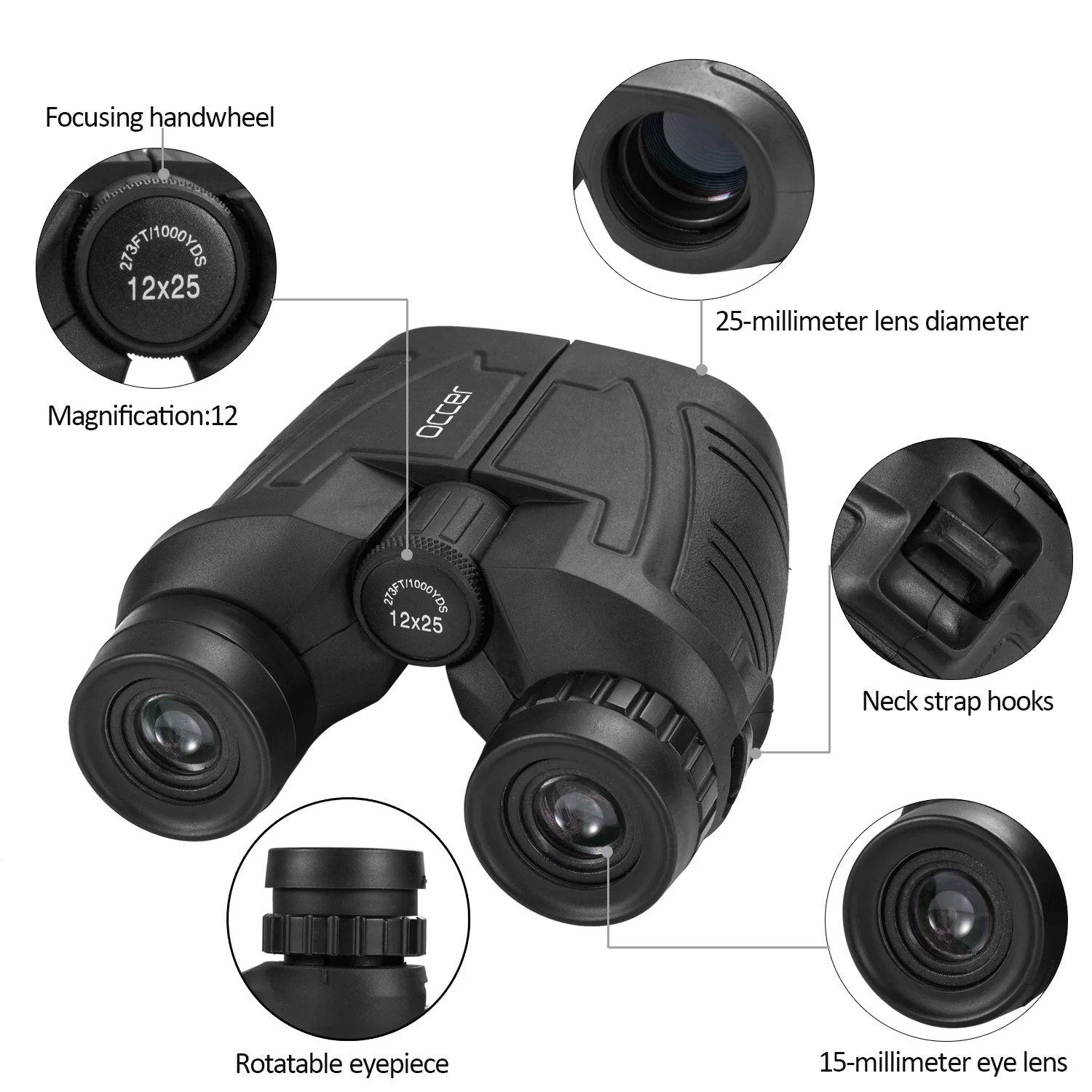 occer 12x25 Compact Binoculars with Clear Low Light Vision, Large Eyepiece Waterproof Binocular for Adults Kids,High Power Easy Focus Binoculars for Bird Watching,Outdoor Hunting,Travel,Sightseeing Black - Image 4