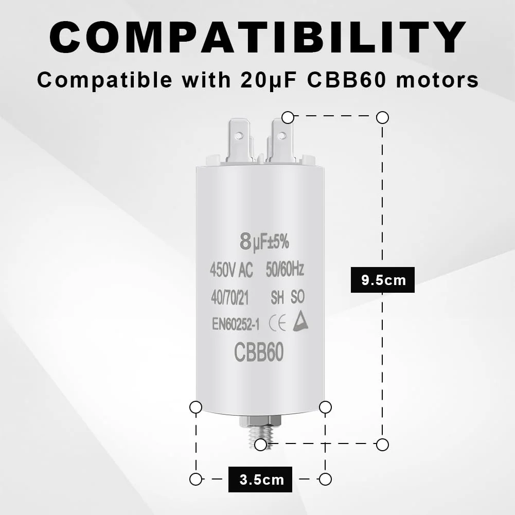 OFFCUP Motor Capacitor CBB60 Starting Capacitor 8μF 450V Capacitor 8μF 450V CBB60 Capacitor Plug Suitable for Electric Motors and Swimming Pool Pumps Electric Motor, 50/60Hz 8µF - Image 2