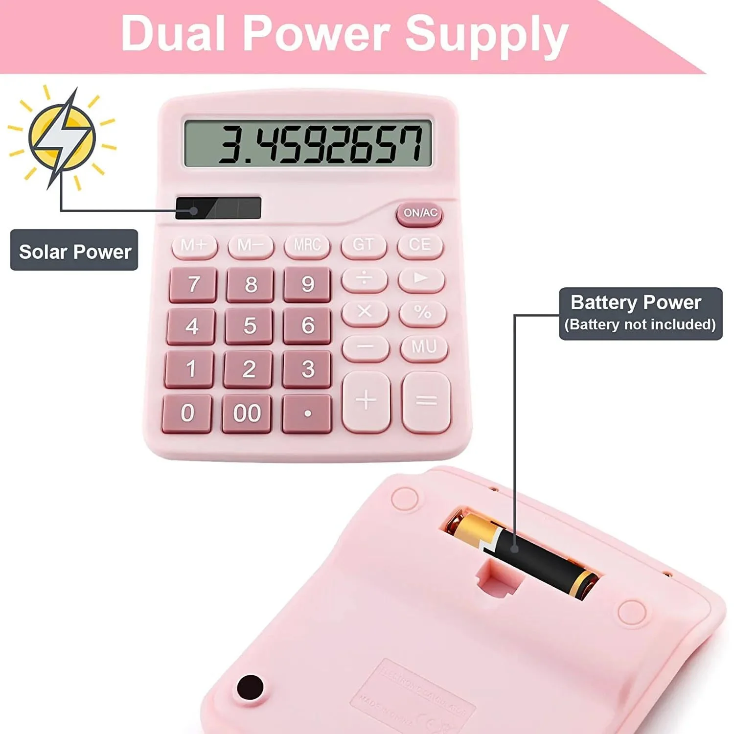 Office Desk Calculator, Cute Calculator for Kids, Basic Calculators Desktop, Dual Power Simple Financial Calculator with Big Button Large Display for Office Home and School (Pink) Pink - Image 3