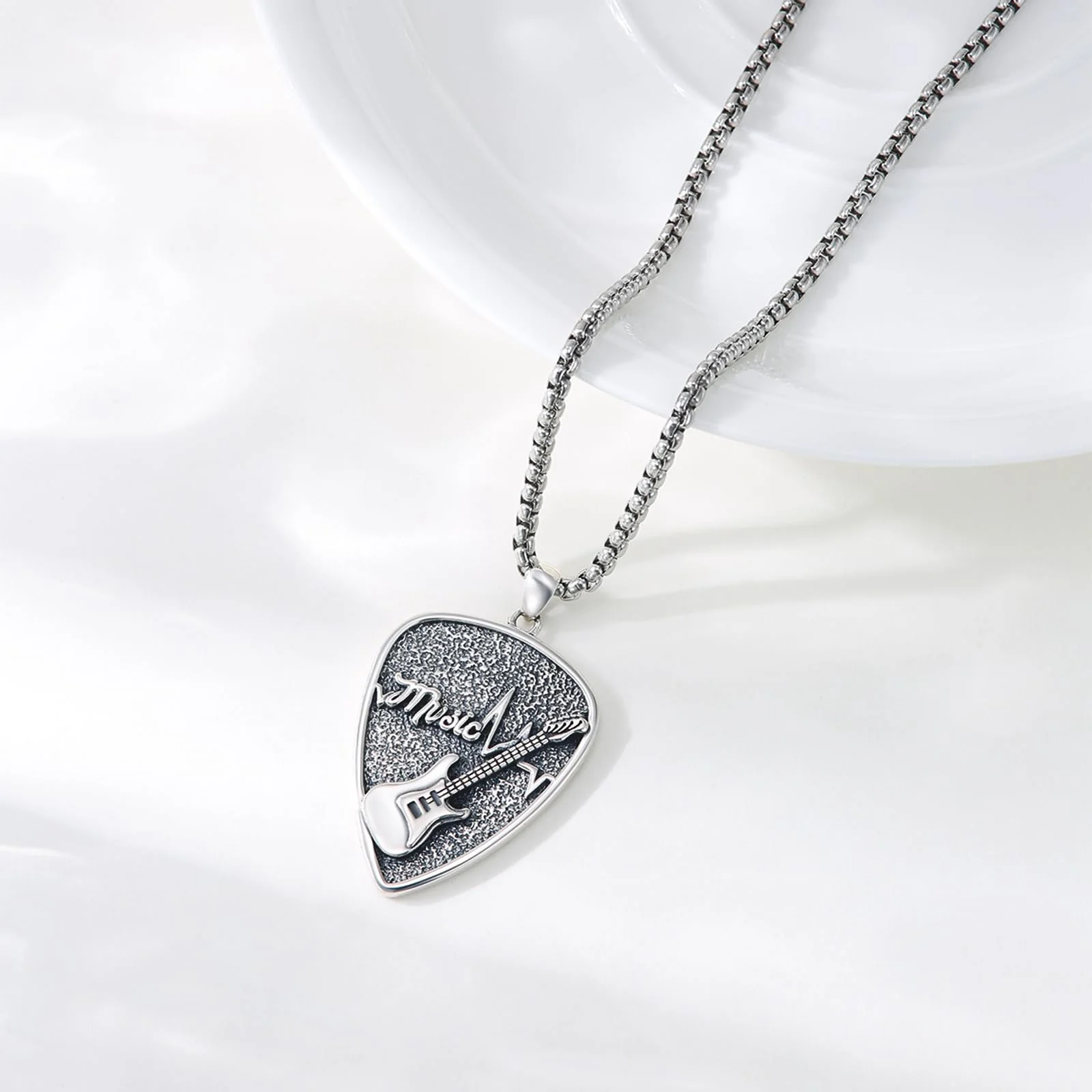 OHAYOO Sterling Silver Guitar Pick Pendant for Men – Music-Inspired Rock Jewelry – Music Gift for Guitar Players & Music Lovers Retro - Image 2