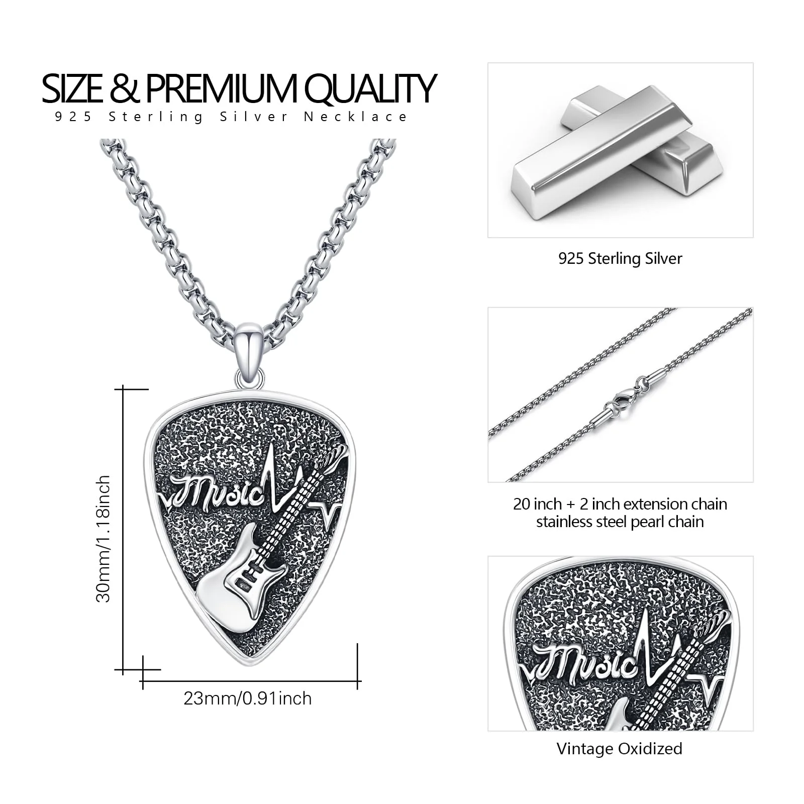 OHAYOO Sterling Silver Guitar Pick Pendant for Men – Music-Inspired Rock Jewelry – Music Gift for Guitar Players & Music Lovers Retro - Image 6