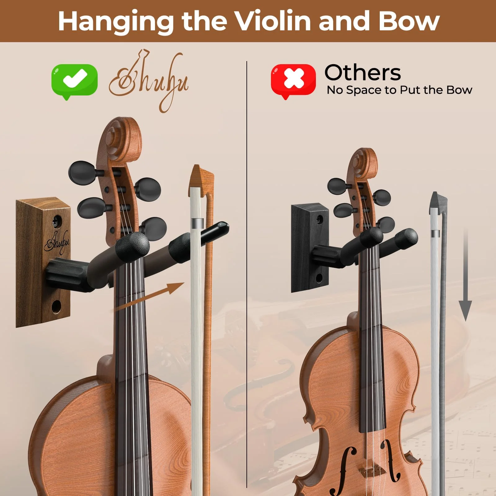 Ohuhu Violin Wall Mount Hanger, Hardwood Violin Hanger with Bow Holder for Home & Studio (2 Pack) - Image 2