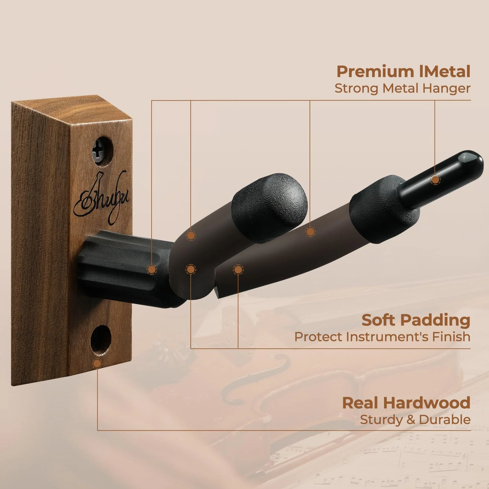 Ohuhu Violin Wall Mount Hanger, Hardwood Violin Hanger with Bow Holder for Home & Studio (2 Pack) - Image 3