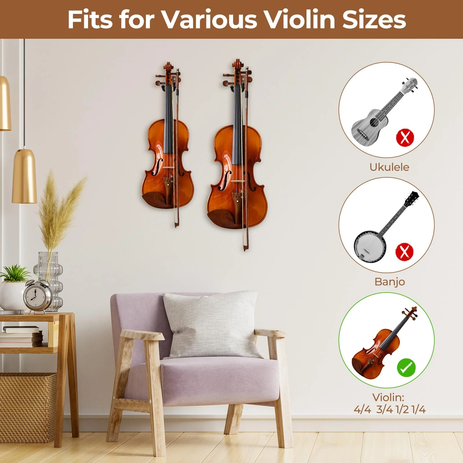 Ohuhu Violin Wall Mount Hanger, Hardwood Violin Hanger with Bow Holder for Home & Studio (2 Pack) - Image 4