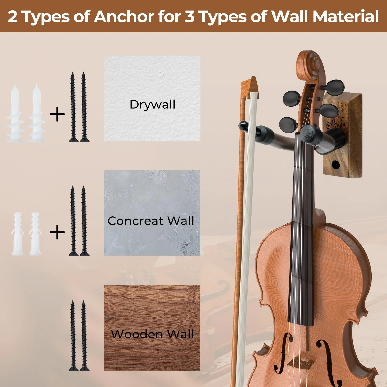 Ohuhu Violin Wall Mount Hanger, Hardwood Violin Hanger with Bow Holder for Home & Studio (2 Pack) - Image 5