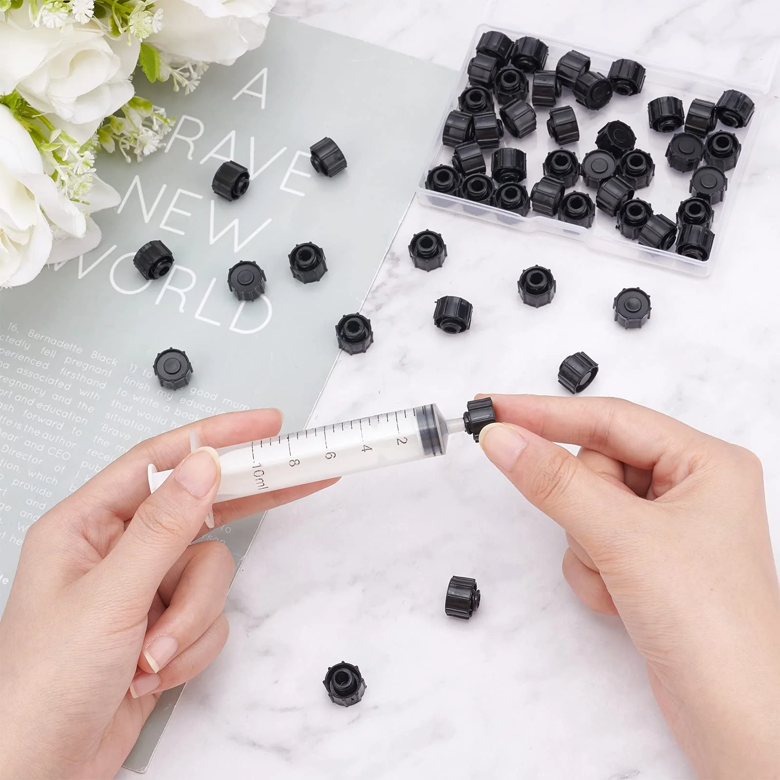 OLYCRAFT 50 Pieces Sealing Caps for Disposable Syringes Syringe Tip Caps Luer Lock Tip Syringe No Needle Tip Cap for Feed Pipes Black Syringe Cap with Transparent Container Black cylinder lace cap - Image 3