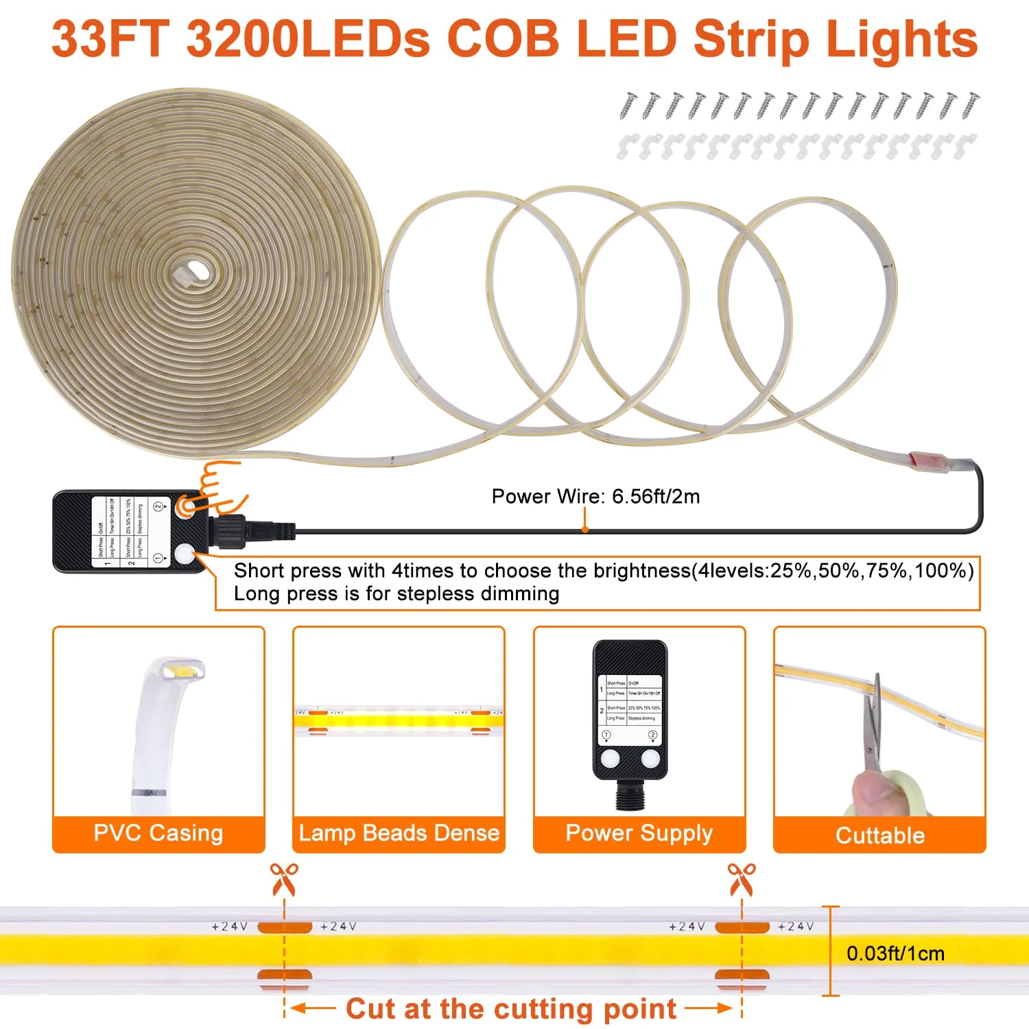 OMIKA 33FT Super Bright 3200LEDs COB LED Strip Lights Outdoor Waterproof, 6000K Cool White Plug in Rope Light Tape Light Flexible with Self-Adhesive Timer Dimmable for House Garden Camping DIY 33FT 3200LED - Image 6