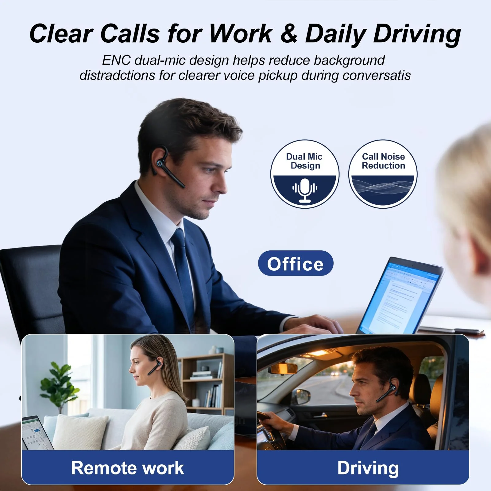 ONE LIFE Bluetooth Headset with Microphone, Bluetooth Earpiece for Work, Wireless Headset with Mic, 15H Talk Time, 500mAh Charging Case, Bluetooth 5.3, LED Display for Office, Laptop, Phone, Driving Black - Image 2