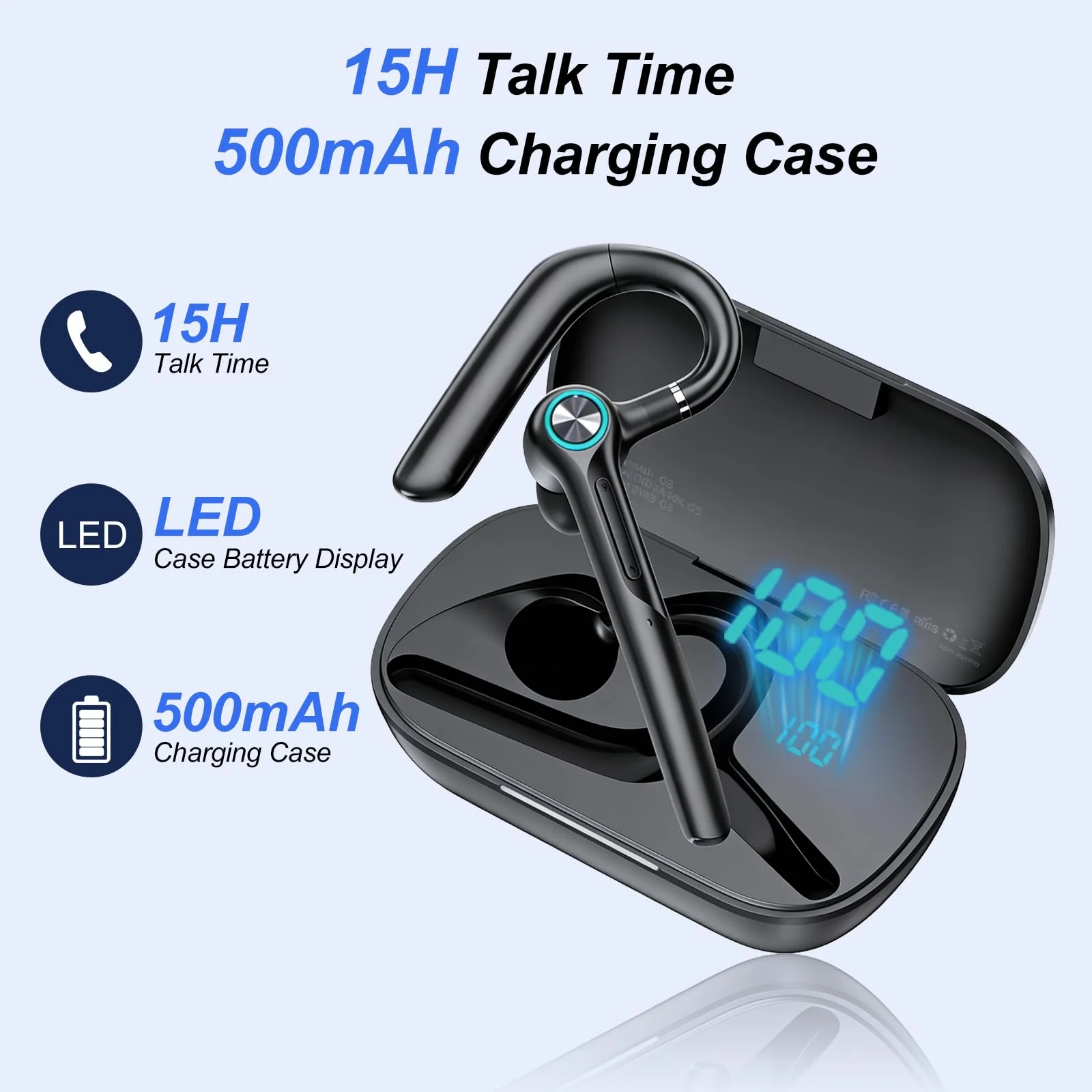 ONE LIFE Bluetooth Headset with Microphone, Bluetooth Earpiece for Work, Wireless Headset with Mic, 15H Talk Time, 500mAh Charging Case, Bluetooth 5.3, LED Display for Office, Laptop, Phone, Driving Black - Image 3