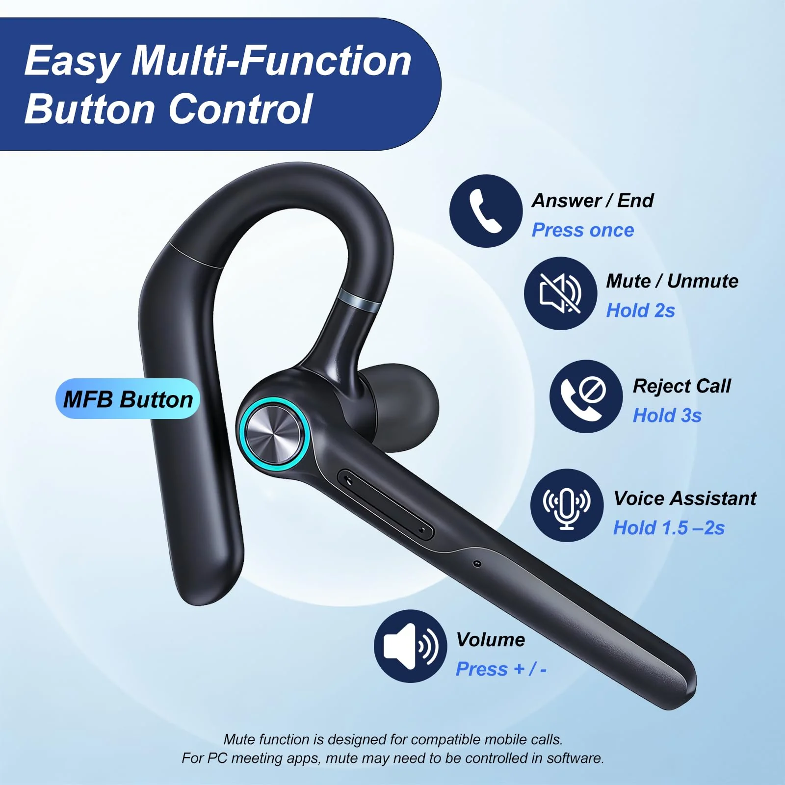 ONE LIFE Bluetooth Headset with Microphone, Bluetooth Earpiece for Work, Wireless Headset with Mic, 15H Talk Time, 500mAh Charging Case, Bluetooth 5.3, LED Display for Office, Laptop, Phone, Driving Black - Image 5