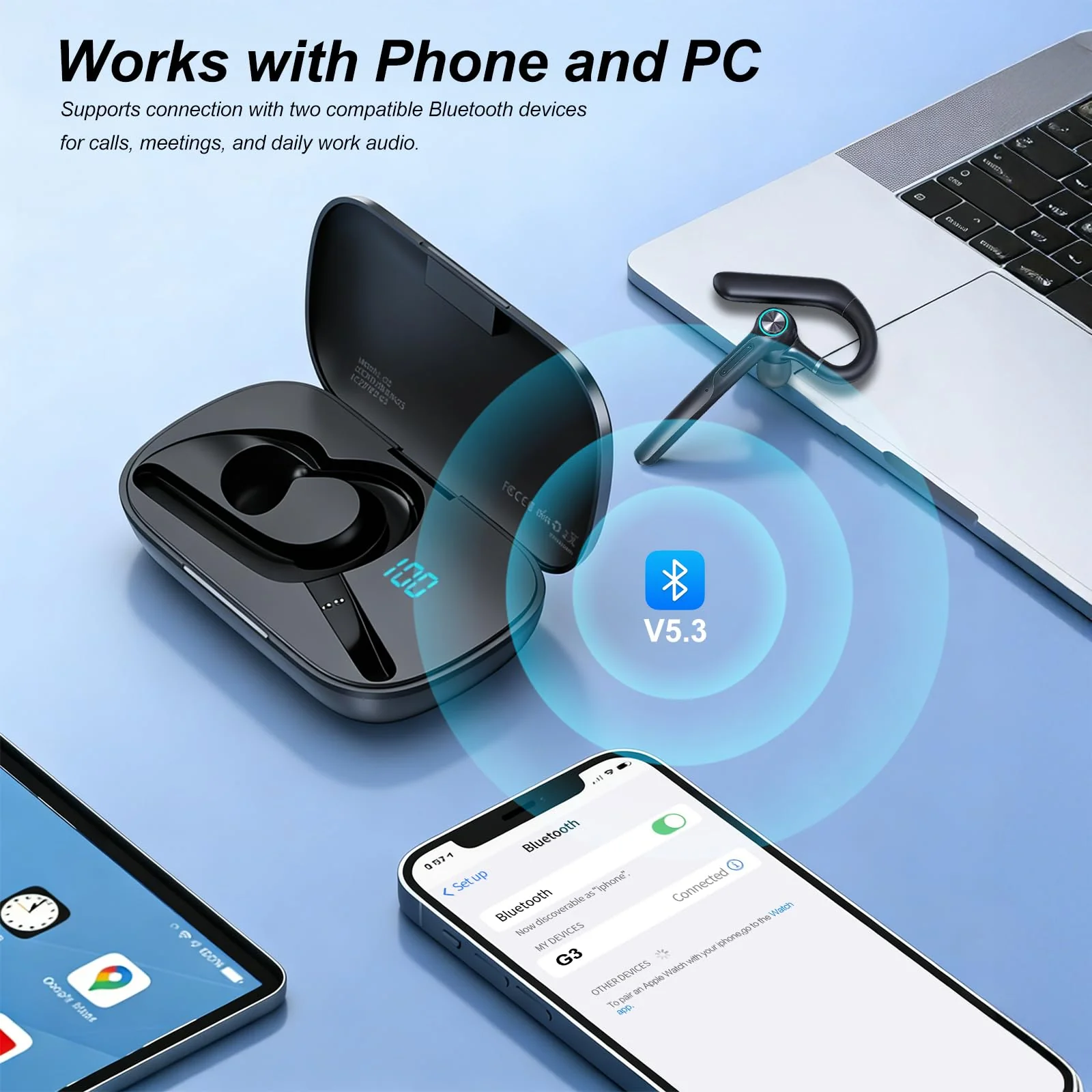 ONE LIFE Bluetooth Headset with Microphone, Bluetooth Earpiece for Work, Wireless Headset with Mic, 15H Talk Time, 500mAh Charging Case, Bluetooth 5.3, LED Display for Office, Laptop, Phone, Driving Black - Image 6