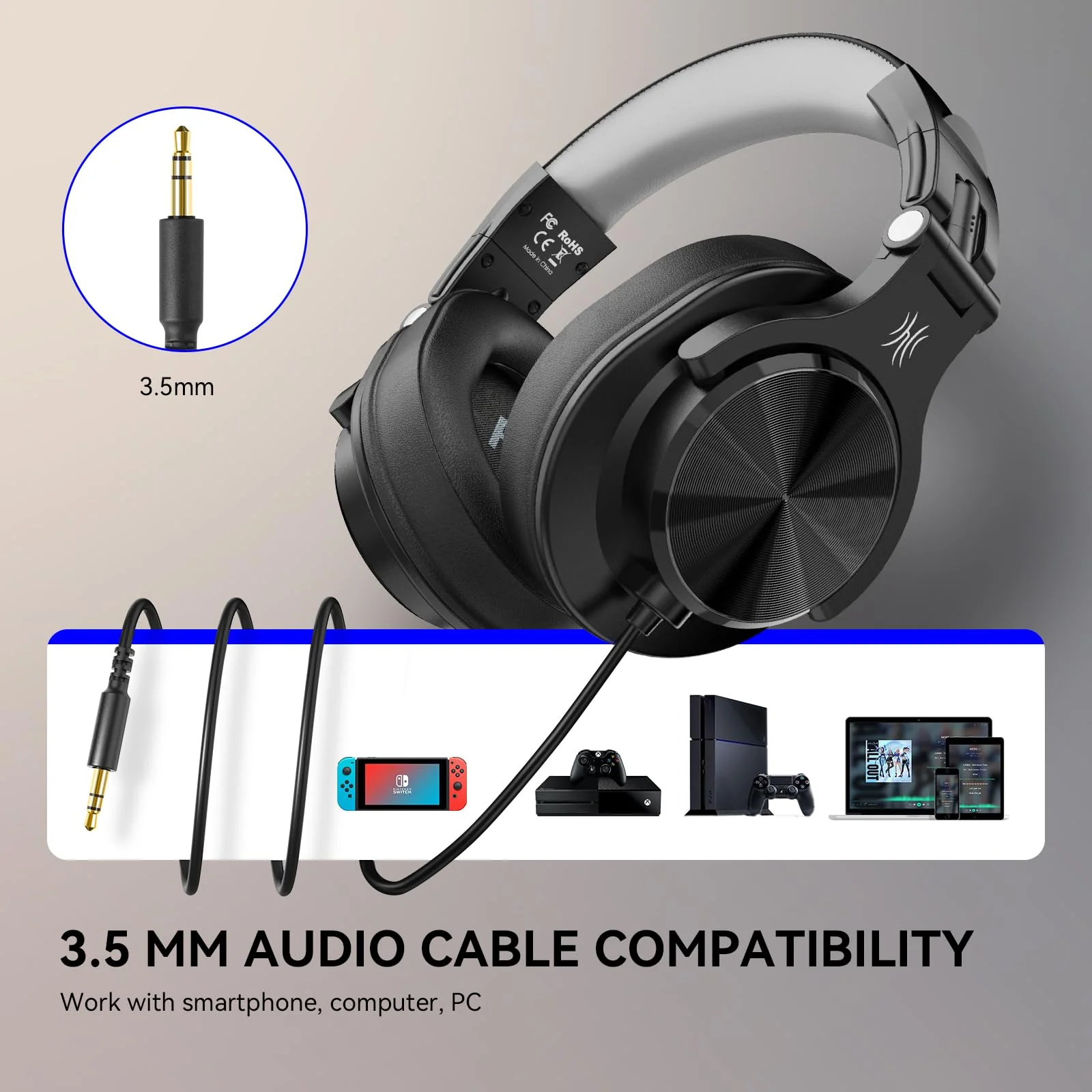 OneOdio A71D Wired Over-Ear Headphones, Studio Monitor Headsets, Hi-Res DJ Stereo Headphone with Foldable Design, 3.5/6.35MM Plug for AMP Recording Podcast Mixing PC Guitar - Black - Image 3
