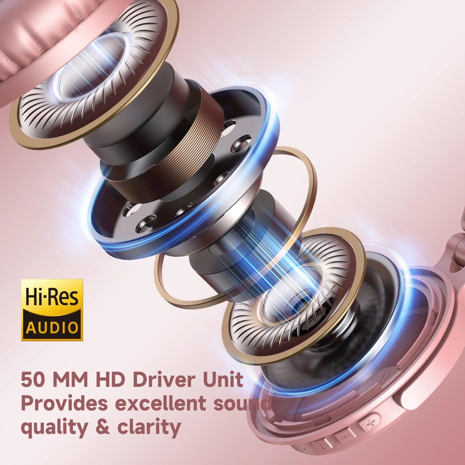 OneOdio Bluetooth Over Ear Headphones, 110 Hrs Wireless/Wired Stereo Sound Foldable Headsets with Deep Bass 50mm Neodymium Drivers for PC/Phone/Tablet - Studio Wireless Pro C, Rose Gold - Image 5