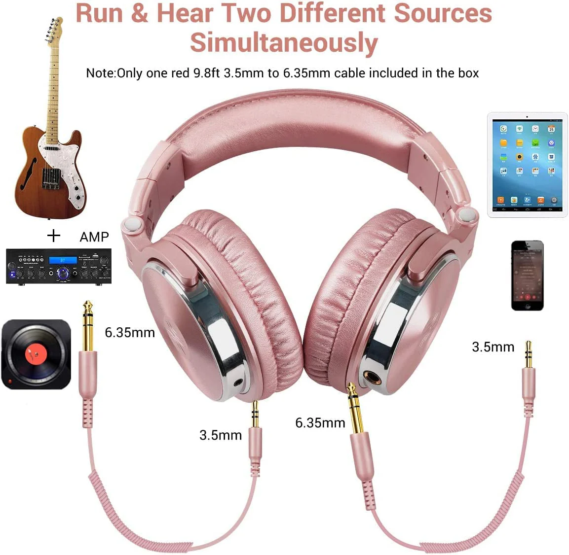 OneOdio Over Ear Headphones for Women and Girls, Wired Bass Stereo Sound Headsets with Share Port and 50mm Driver Rose Gold Headsets with Mic for PC Phone Laptop Guitar Piano Mp3/4 Tablet (Pink) Pink One Size - Image 2