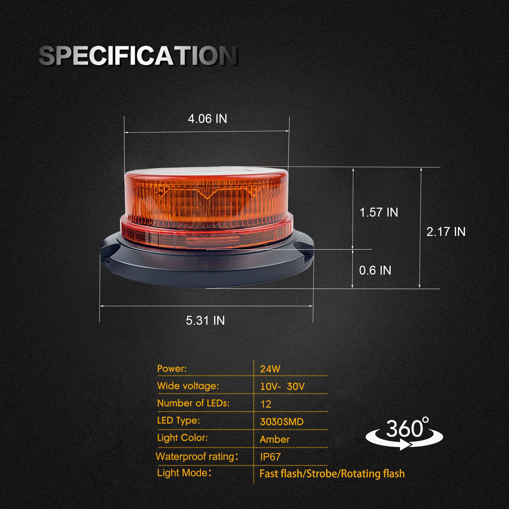 ONERAY Amber Beacon Strobe Light, Flashing Emergency Warning Lights, Permanent Mount 360°Roof Top Safety Flasher for Vehicles, Trucks, Tractor, Golf Carts, Postal Car (Screw) Screw - Image 4
