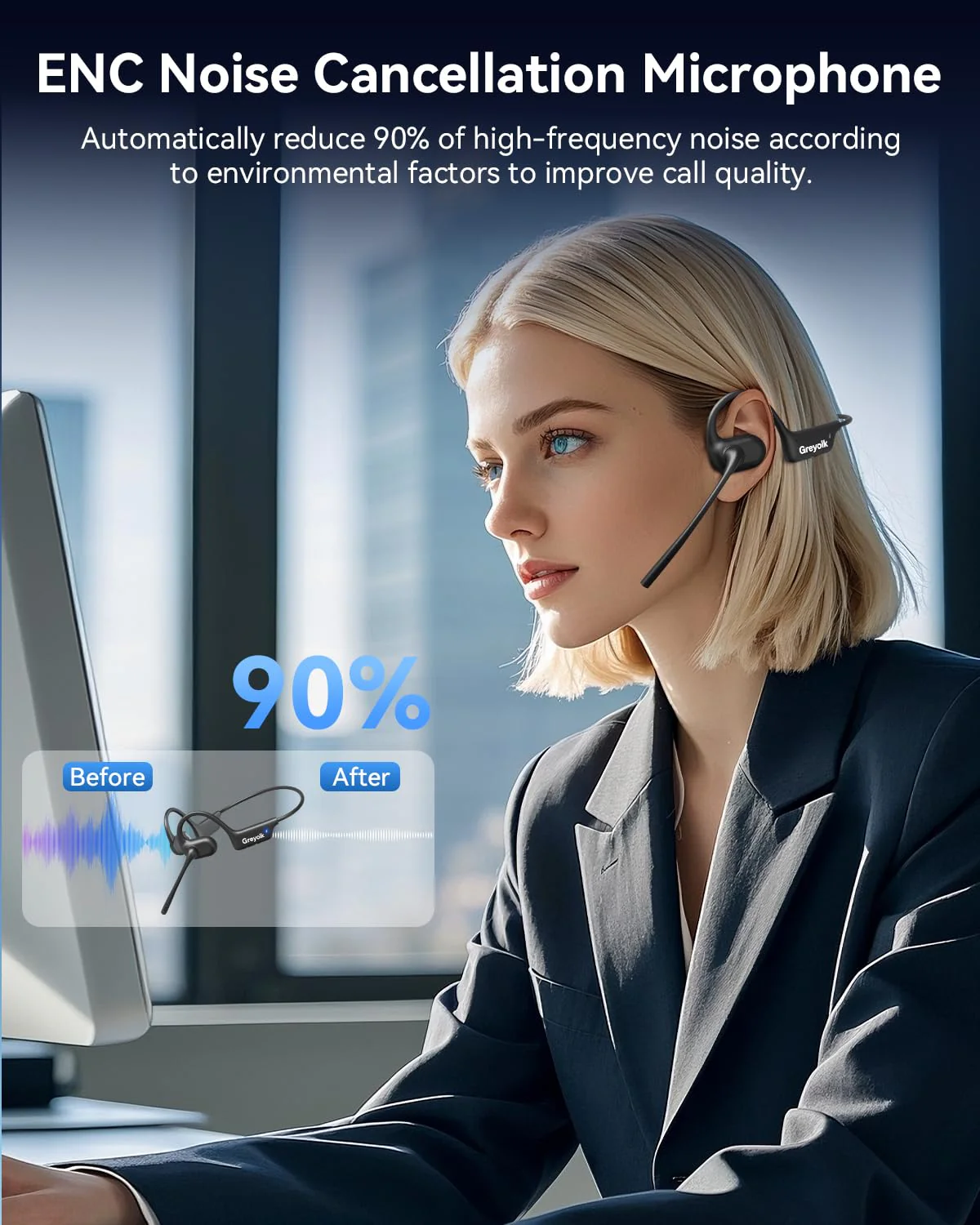 Open Ear Headphones with Mic, Bluetooth Headset with AI Noise Cancellation Microphone Air Conduction Headphones Bluetooth 5.4 Wireless Headset with Mic for Work Call Meeting Driving Sports（Black） - Image 3