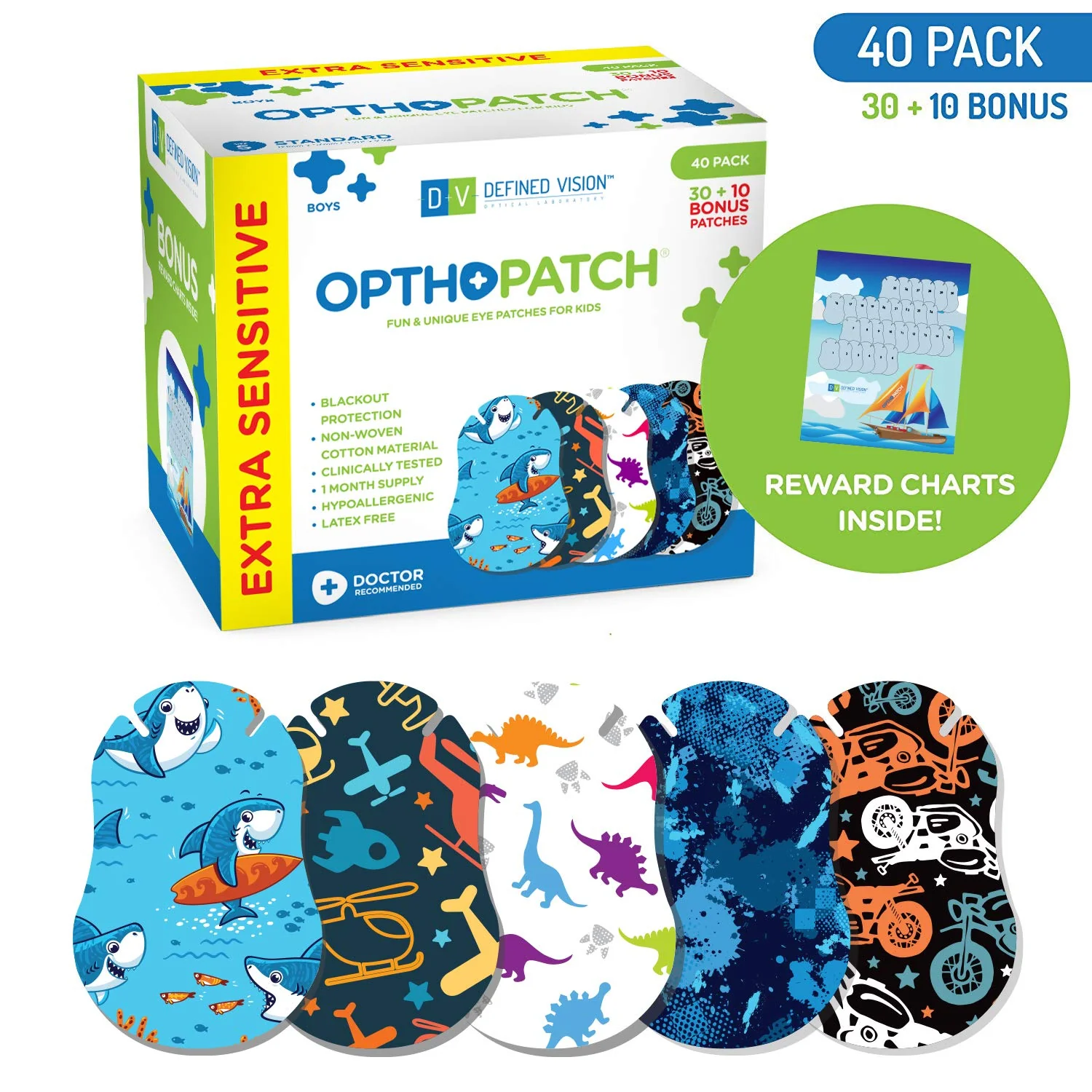 OPTHOPATCH Kids Eye Patches - Fun Boys Design - 30 + 10 Bonus Latex Free Hypoallergenic Cotton Extra Sensitive Adhesive Bandages for Amblyopia & Cross Eye-3 Reward Chart Posters by Defined Vision - Image 2