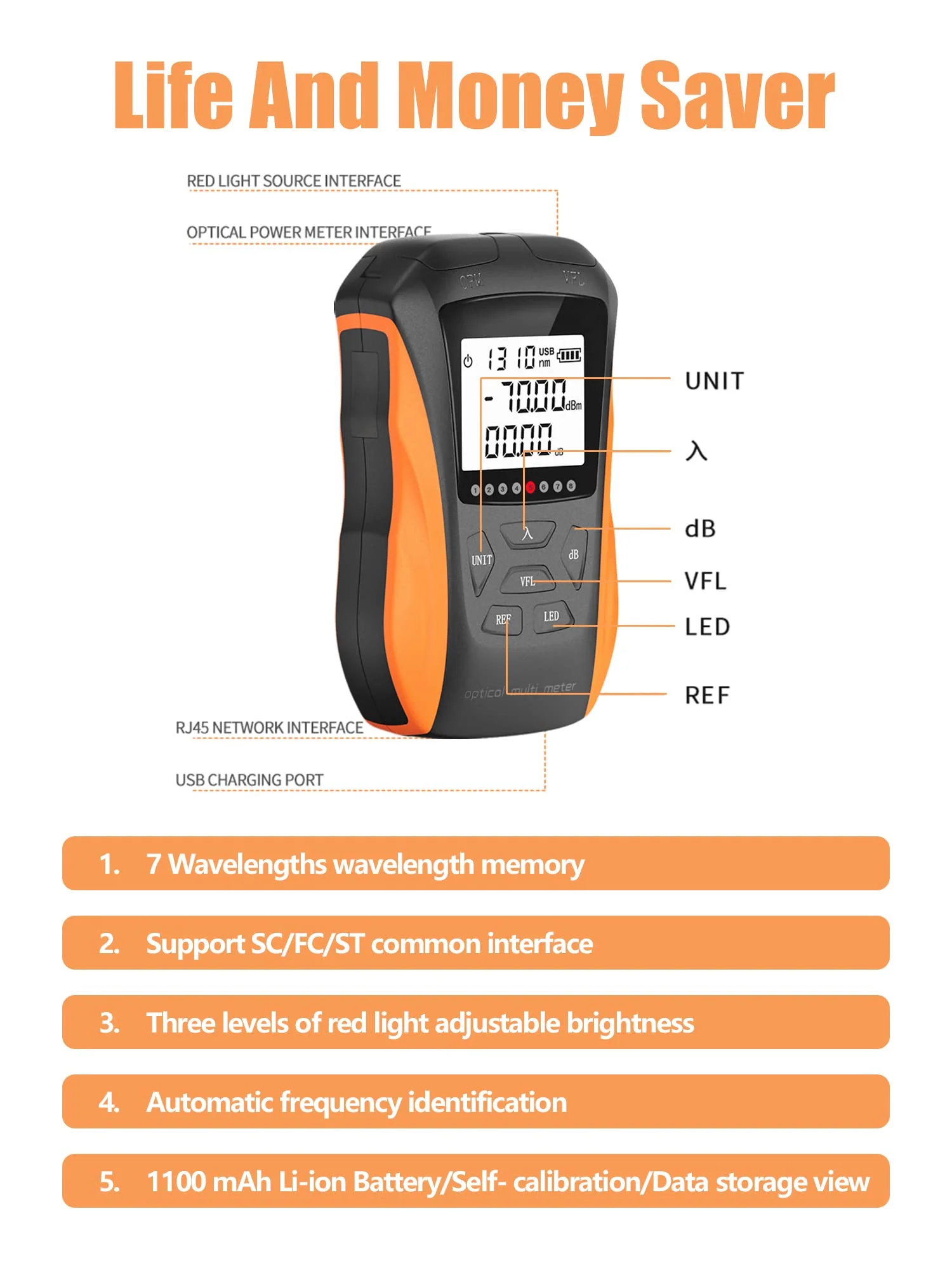 Optical Power Meter with Visual Fault Locator, Fiber Light Meter with Cable Tester Function and Li-ion Battery USB Charge for FC/SC/ST Universal Interface - Image 6