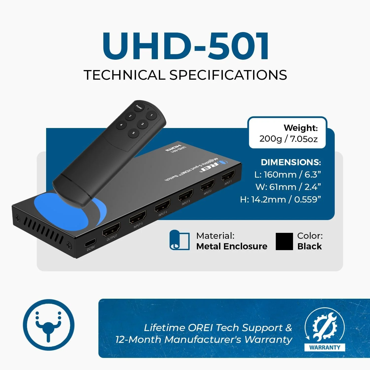 OREI 4K HDMI Switch 5 in 1 Out – HDMI Switch with Remote 4K@60hz with HDR, Dolby, DTS & 3D - 18Gbps Switcher - for PS5/4, Xbox, Roku, Fire TV - Image 5
