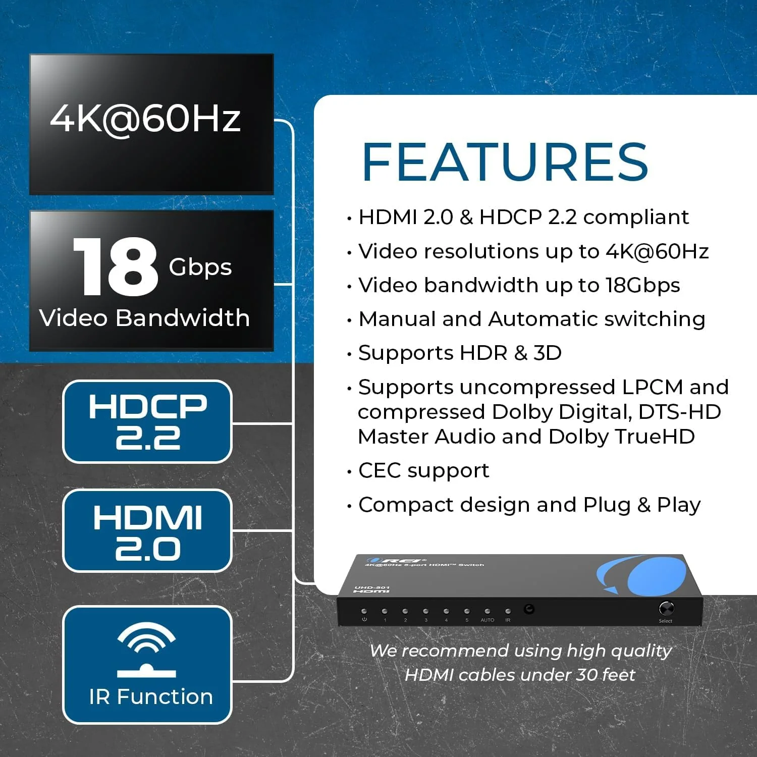 OREI 4K HDMI Switch 5 in 1 Out – HDMI Switch with Remote 4K@60hz with HDR, Dolby, DTS & 3D - 18Gbps Switcher - for PS5/4, Xbox, Roku, Fire TV - Image 8