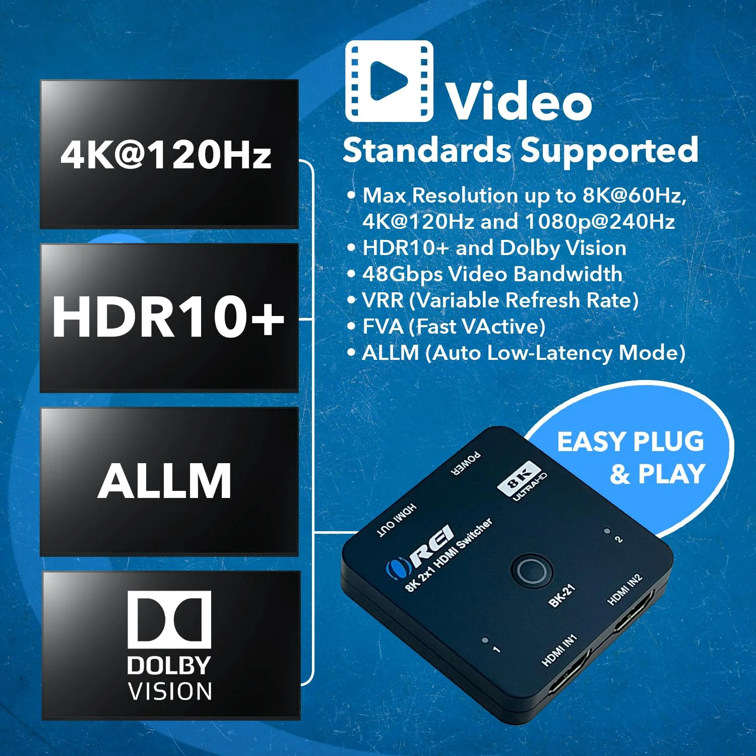 OREI 8K 2x1 HDMI Switch 4K @ 120hz, Auto HDMI Selector 48Gbps High Resolution Switch Between 2 Inputs Prefect for Gaming, PS5, Xbox, HDR10, Dolby Vision 8K Switch - Image 9