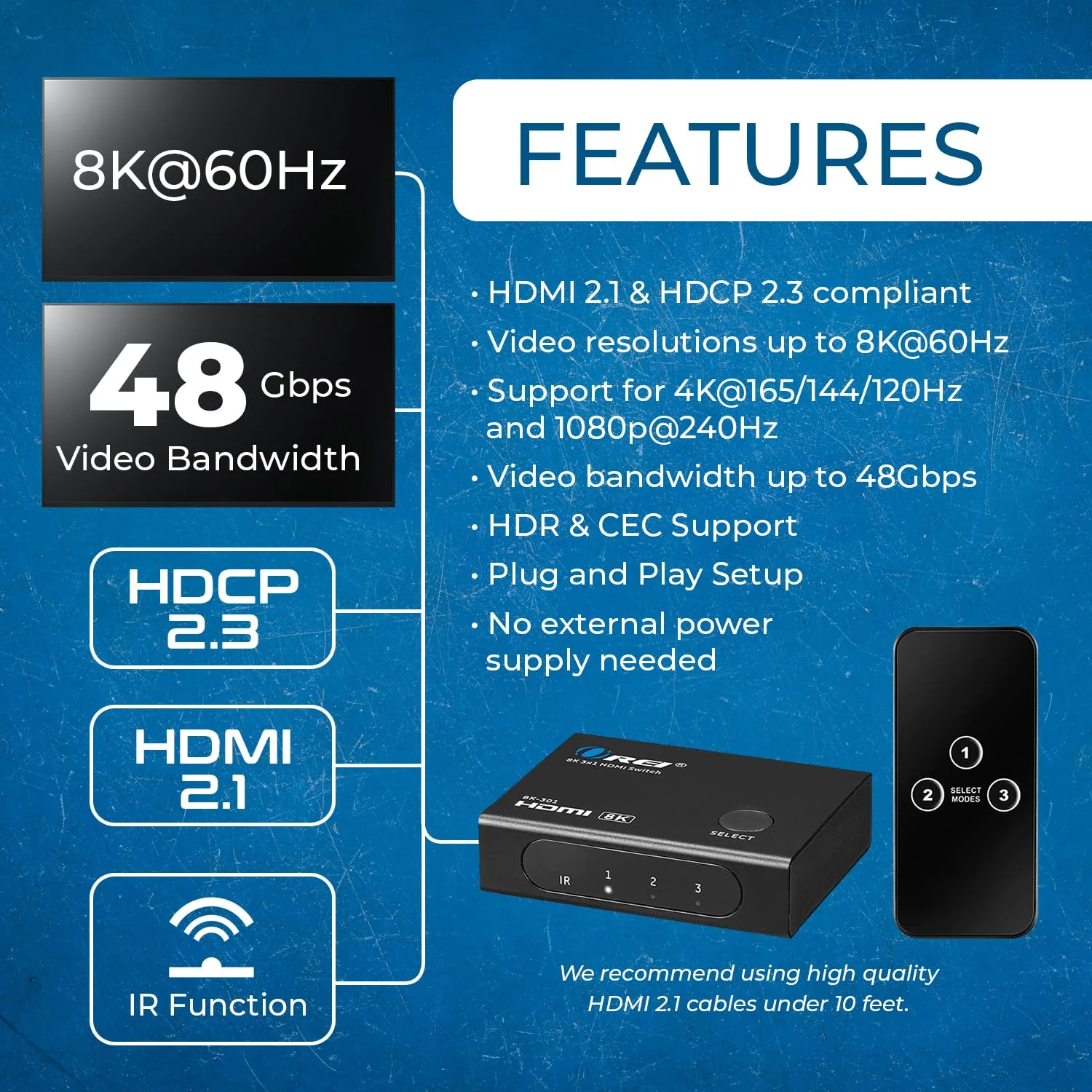 OREI 8K HDMI Switch 3 in 1 Out – HDMI 2.1 Switch with Remote – 48Gbps 8K@60Hz 4K@120Hz 4K@165Hz – HDCP 2.3 – hdmi Switch 4k 120hz for PS5 Xbox PC TV 3x1 8K HDMI Switch - Image 7