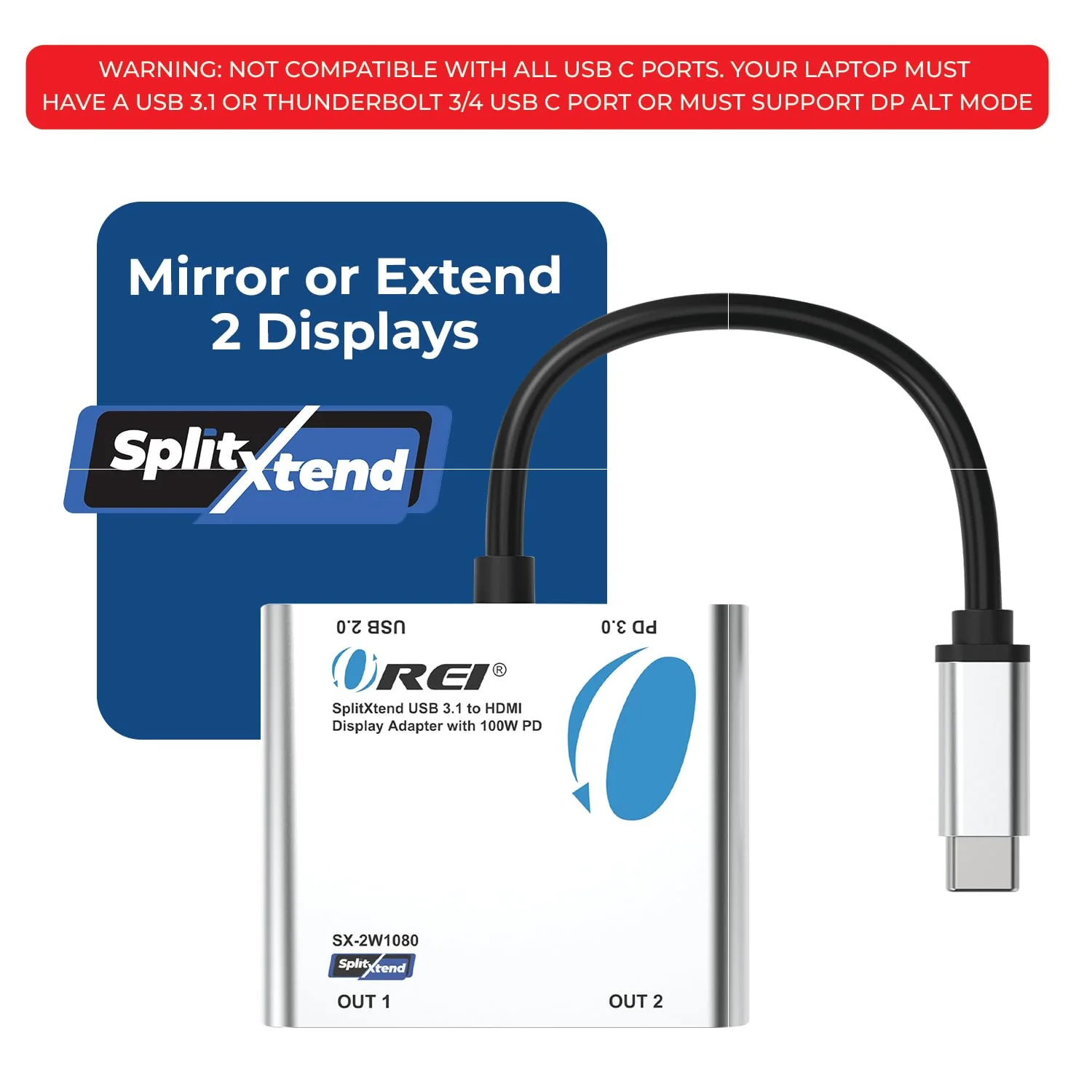 OREI SplitExtend HDMI Splitter Extended Display for Windows Only Dual Monitor - Multi-Monitor Display 3 Separate Screens - USB-C Adapter to HDMI 2.0, 4K@30Hz Outputs - 100W PD and USB 2.0 Input USB C SplitXtend - Image 3