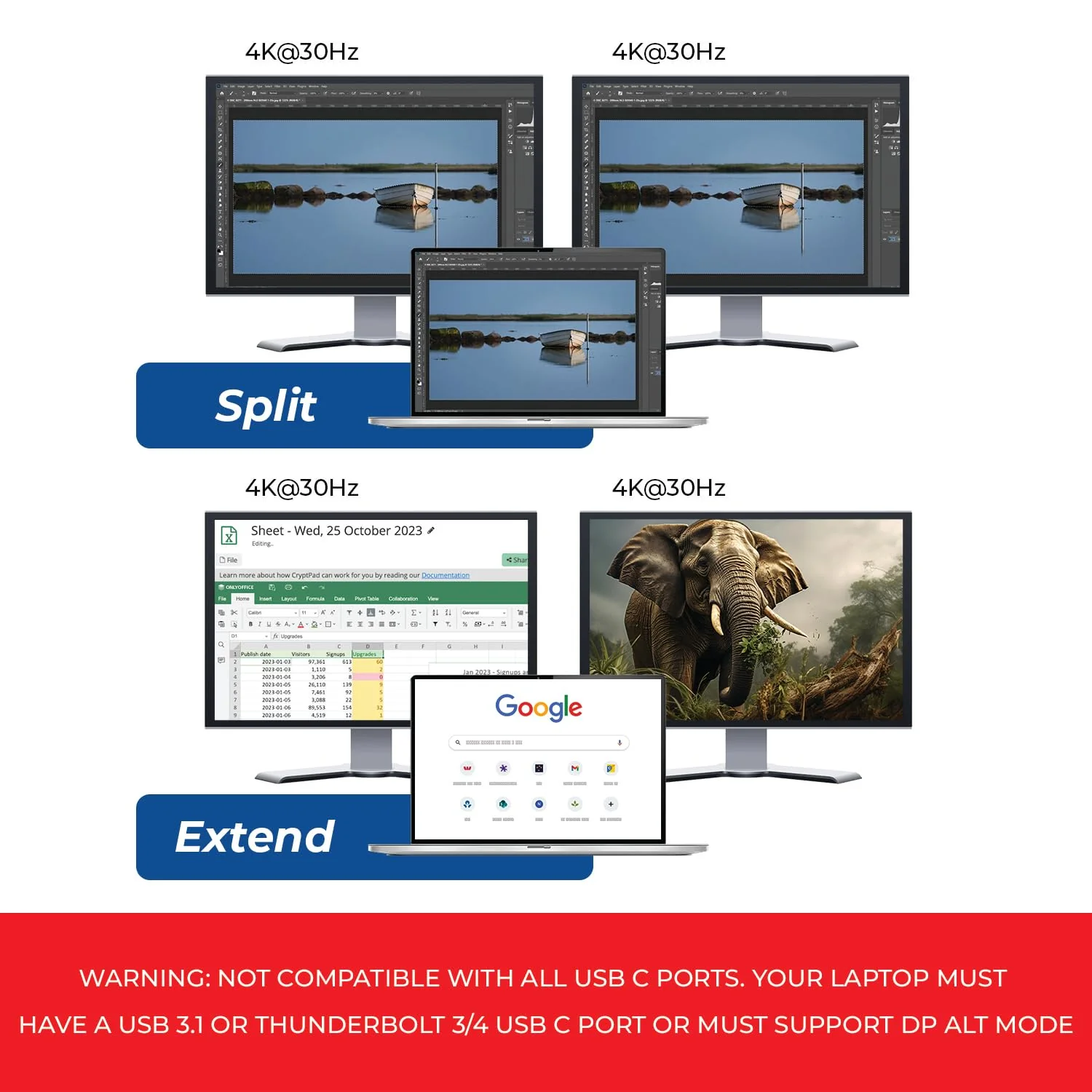 OREI SplitExtend HDMI Splitter Extended Display for Windows Only Dual Monitor - Multi-Monitor Display 3 Separate Screens - USB-C Adapter to HDMI 2.0, 4K@30Hz Outputs - 100W PD and USB 2.0 Input USB C SplitXtend - Image 8