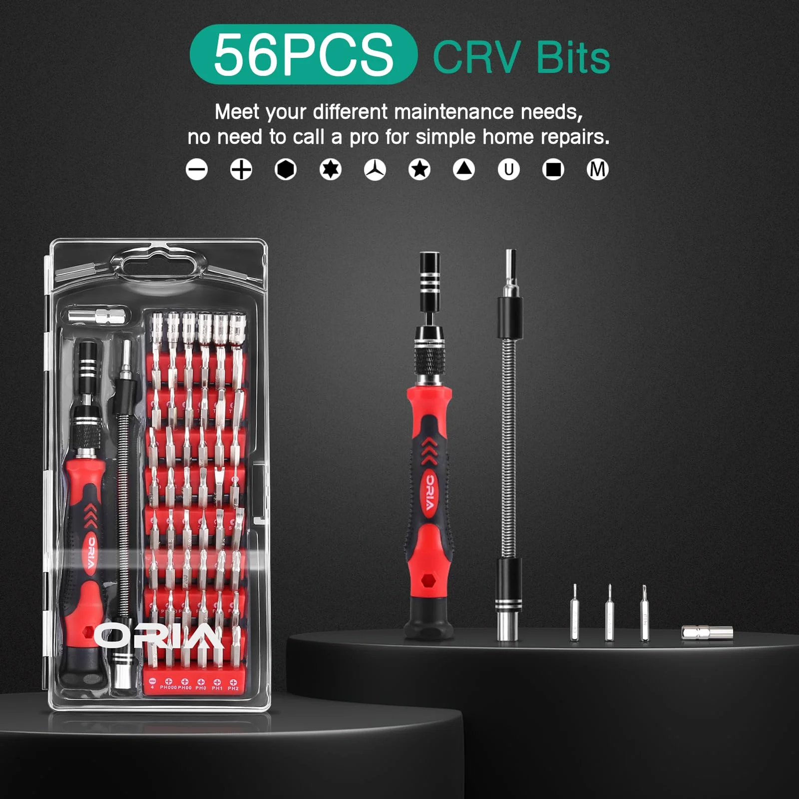 ORIA Precision Screwdriver Kit, Mini Screwdriver Set, 60 in 1 Small Screwdriver with 56 Bits Repair Tools with Flexible Shaft, Extension Rod for Mobile Phone, Smartphone, Tablet, PC, Red - Image 2