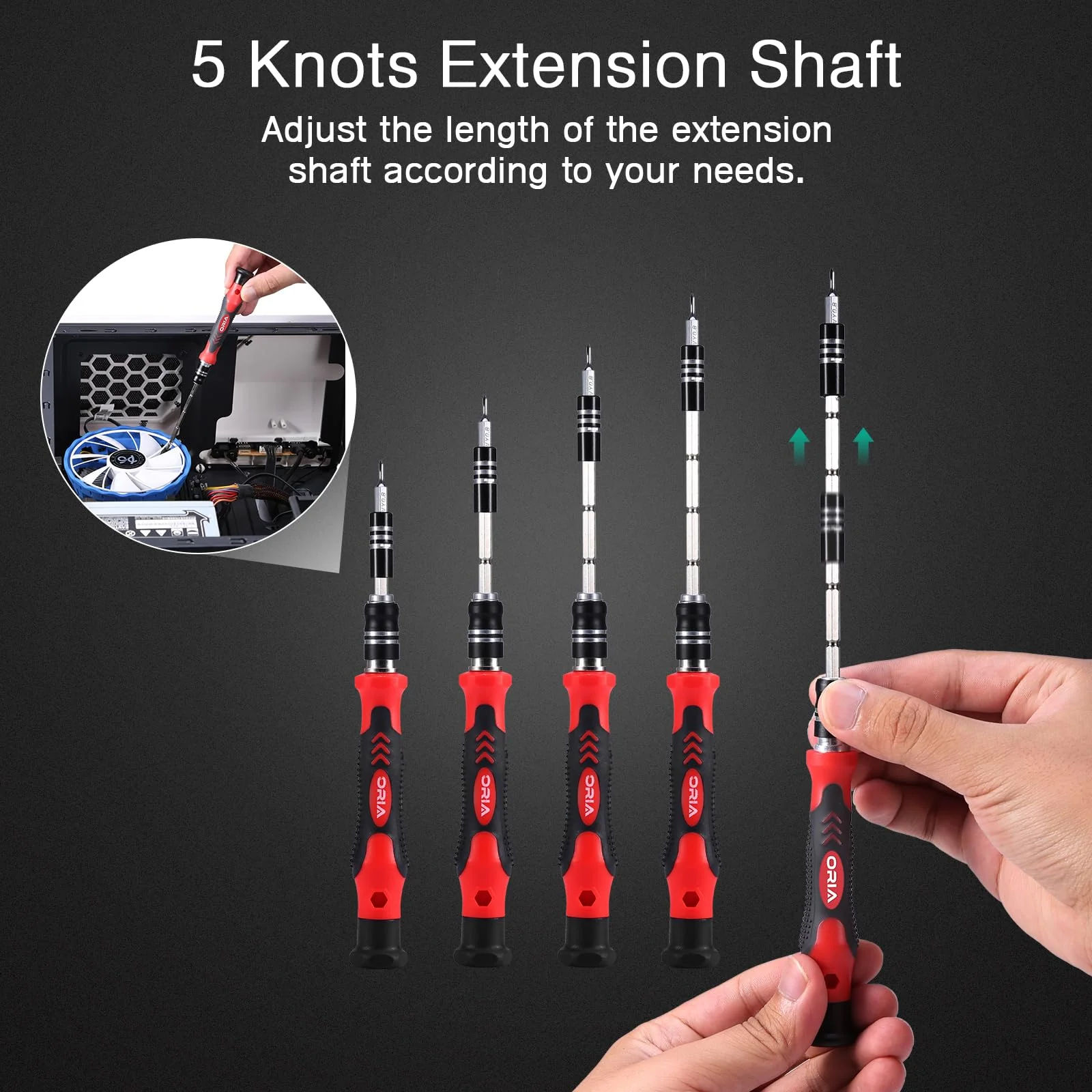 ORIA Precision Screwdriver Kit, Mini Screwdriver Set, 60 in 1 Small Screwdriver with 56 Bits Repair Tools with Flexible Shaft, Extension Rod for Mobile Phone, Smartphone, Tablet, PC, Red - Image 3