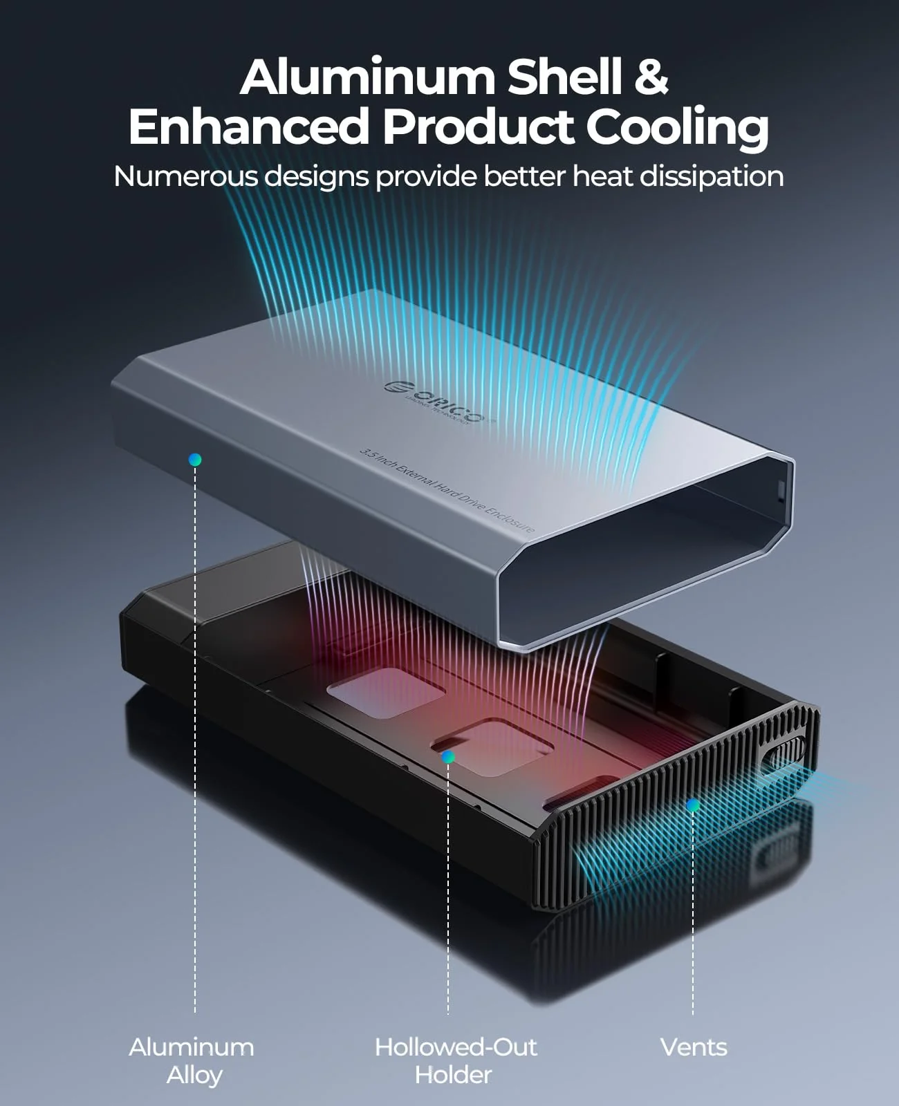 ORICO Aluminum 3.5 Hard Drive Enclosure with USB 3.2 Gen 2 6Gbps Transfer Speed, Fit for 3.5/2.5 Inch SATA HDD SSD Up to 20TB, USB C to USB C/A 2 in 1 Cable Compatible with MacBook Windows(DD35-C3) - Image 2