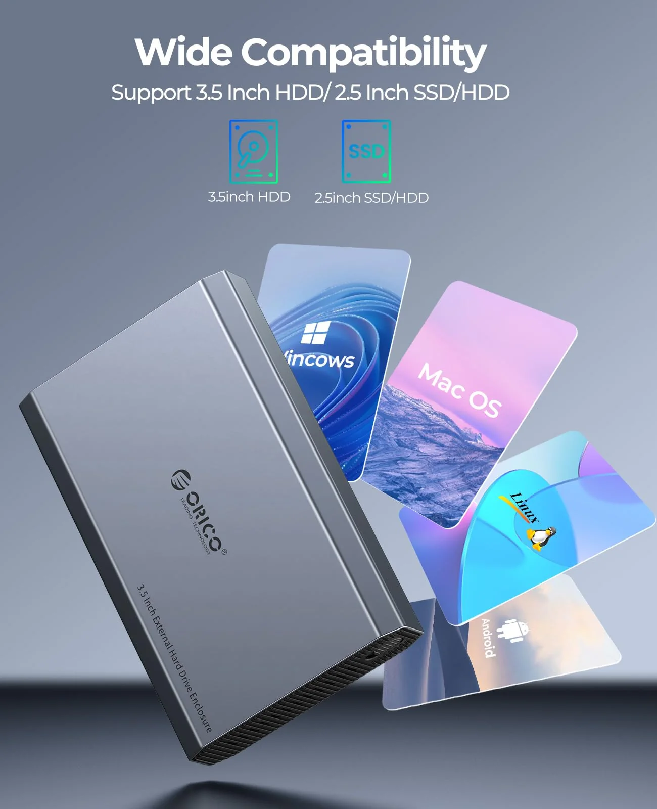 ORICO Aluminum 3.5 Hard Drive Enclosure with USB 3.2 Gen 2 6Gbps Transfer Speed, Fit for 3.5/2.5 Inch SATA HDD SSD Up to 20TB, USB C to USB C/A 2 in 1 Cable Compatible with MacBook Windows(DD35-C3) - Image 5