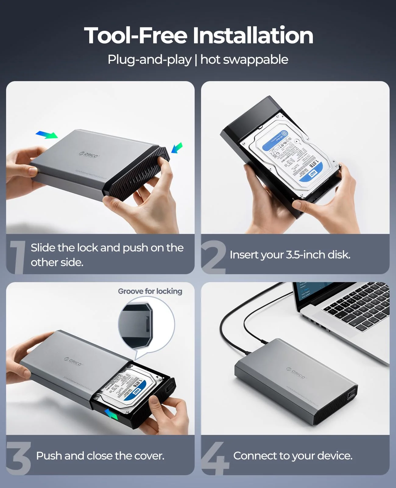 ORICO Aluminum 3.5 Hard Drive Enclosure with USB 3.2 Gen 2 6Gbps Transfer Speed, Fit for 3.5/2.5 Inch SATA HDD SSD Up to 20TB, USB C to USB C/A 2 in 1 Cable Compatible with MacBook Windows(DD35-C3) - Image 8