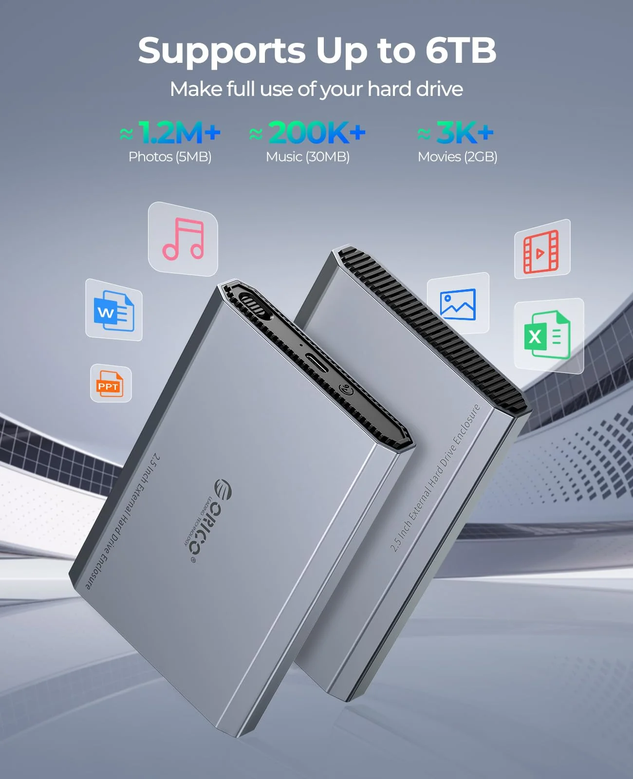 ORICO Aluminum USB C Hard Drive Enclosure for 2.5 Inch SATA SSD/HDD, USB 3.2 GEN 2 USB C to USB A/C 2 in 1 Cable, Support macOS Windows Linux OS, Compatible with SAMSUNG Crucial WD Drives(DD25-C3) - Image 4