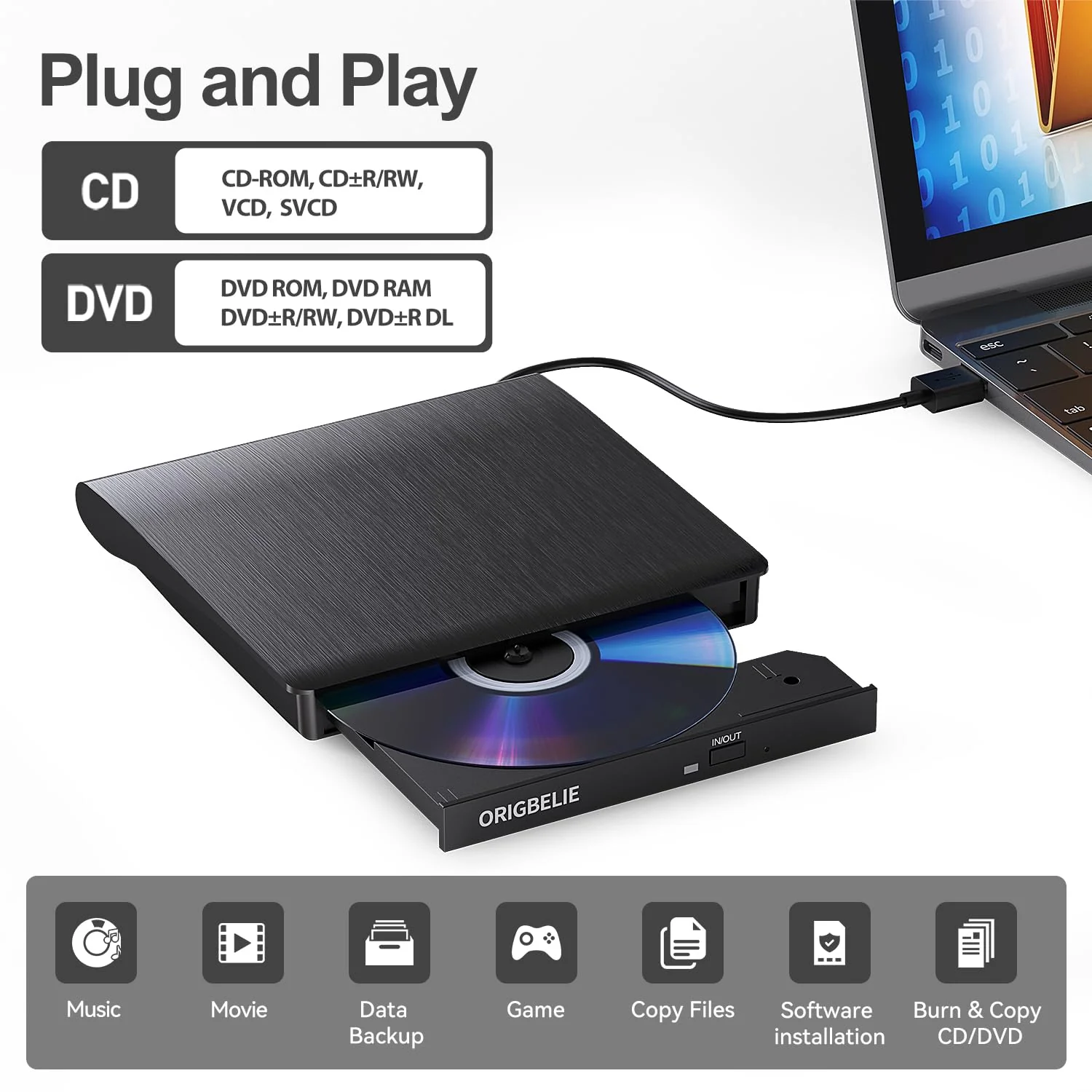 ORIGBELIE External CD/DVD Drive for Laptop, USB 3.0 CD Burner +/-RW CD ROM External DVD Drive Portable DVD Player for Laptop Desktop PC Apple Mac Windows 11/10/8/7/XP Linux OS 2 in 1 CD Drive - Image 2
