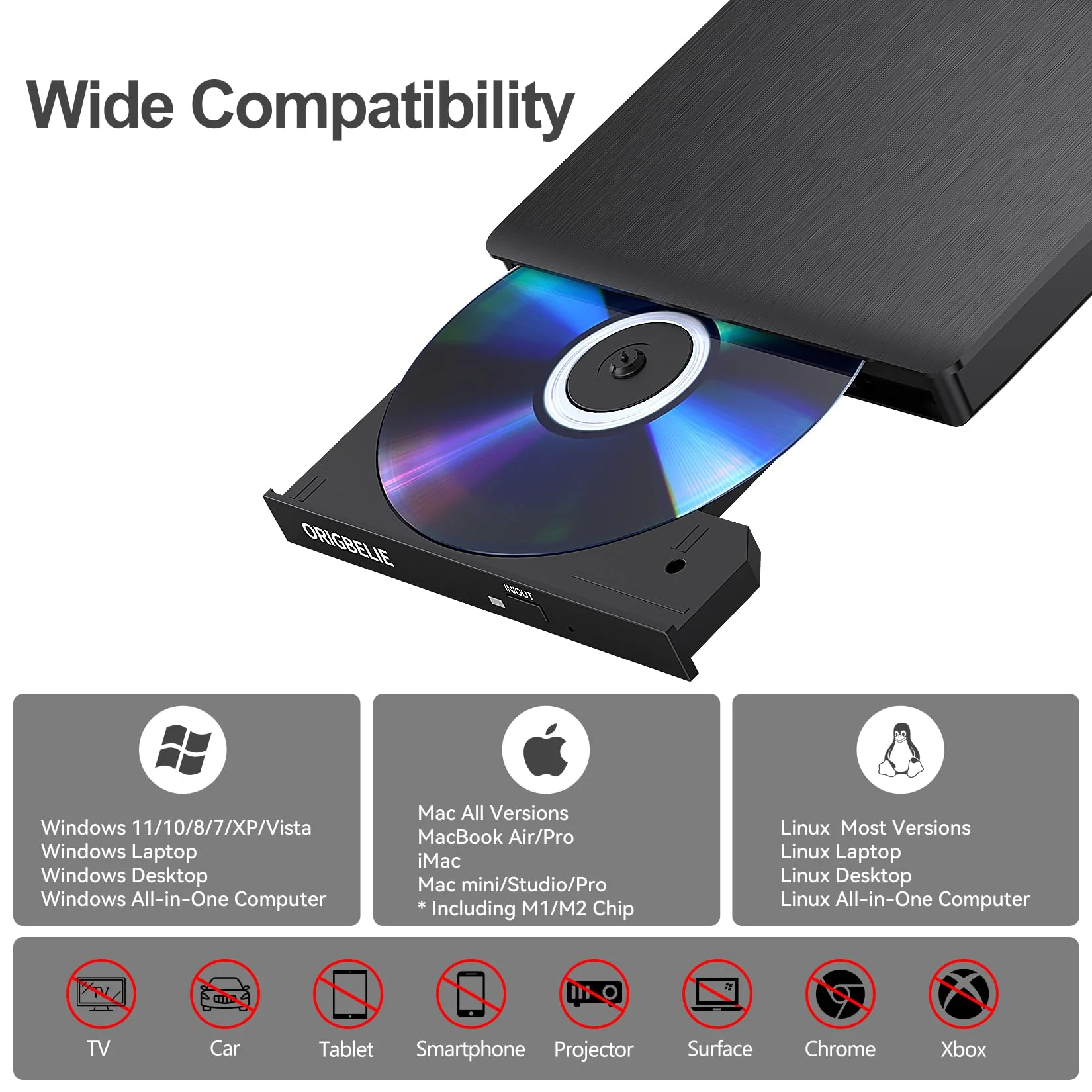 ORIGBELIE External CD/DVD Drive for Laptop, USB 3.0 CD Burner +/-RW CD ROM External DVD Drive Portable DVD Player for Laptop Desktop PC Apple Mac Windows 11/10/8/7/XP Linux OS 2 in 1 CD Drive - Image 4