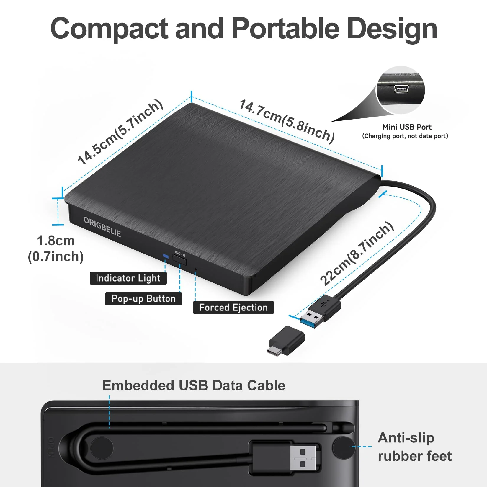 ORIGBELIE External CD/DVD Drive for Laptop, USB 3.0 CD Burner +/-RW CD ROM External DVD Drive Portable DVD Player for Laptop Desktop PC Apple Mac Windows 11/10/8/7/XP Linux OS 2 in 1 CD Drive - Image 6