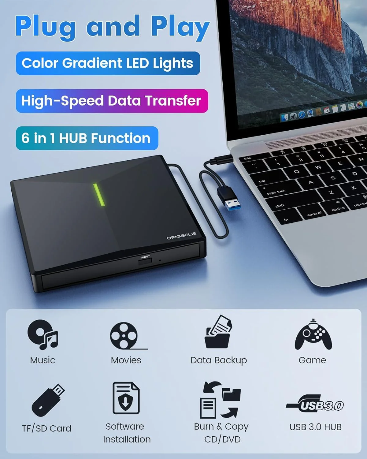ORIGBELIE External CD/DVD Drive for Laptop, USB 3.0 DVD Player with 4 USB Ports & 2 TF/SD Card Slots, Portable CD/DVD +/-RW Drive Burner Reader Writer for Desktop PC Windows 11/10/8/7 Linux Mac OS RGB Black - Image 2